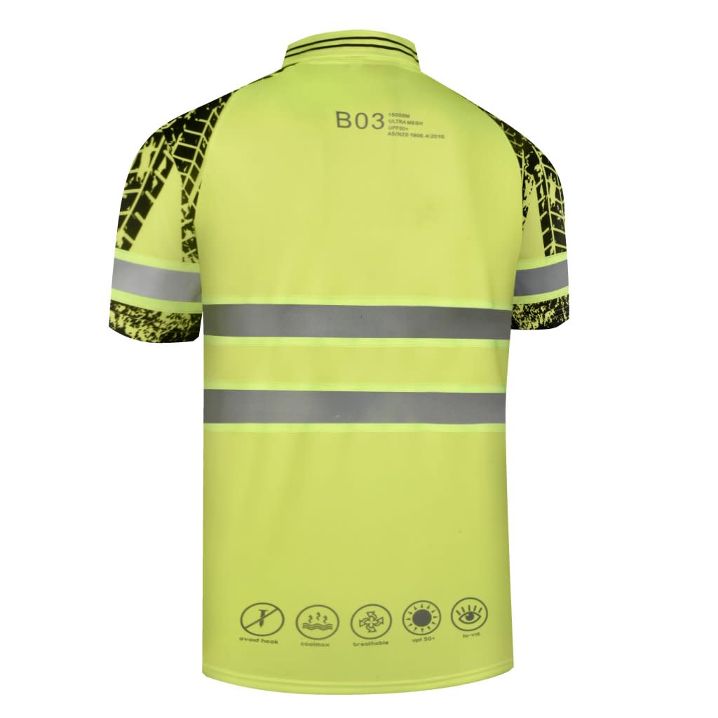 A high-visibility yellow polo shirt featuring reflective stripes and black patterned sleeves, with a logo.