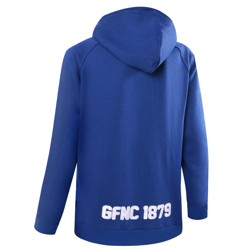 A blue polar fleece hoodie with a hood and a logo at the back.