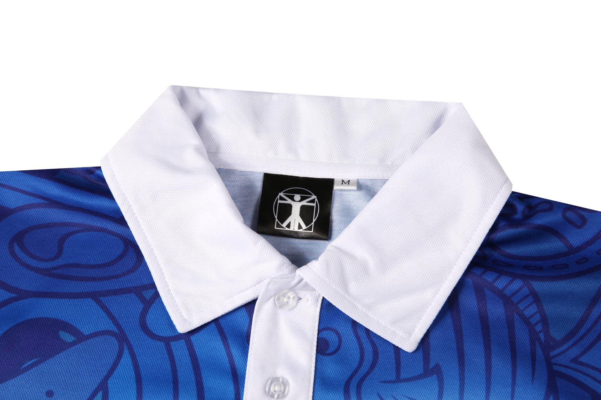 A blue fishing team uniform with a white collar, featuring a logo and intricate designs.