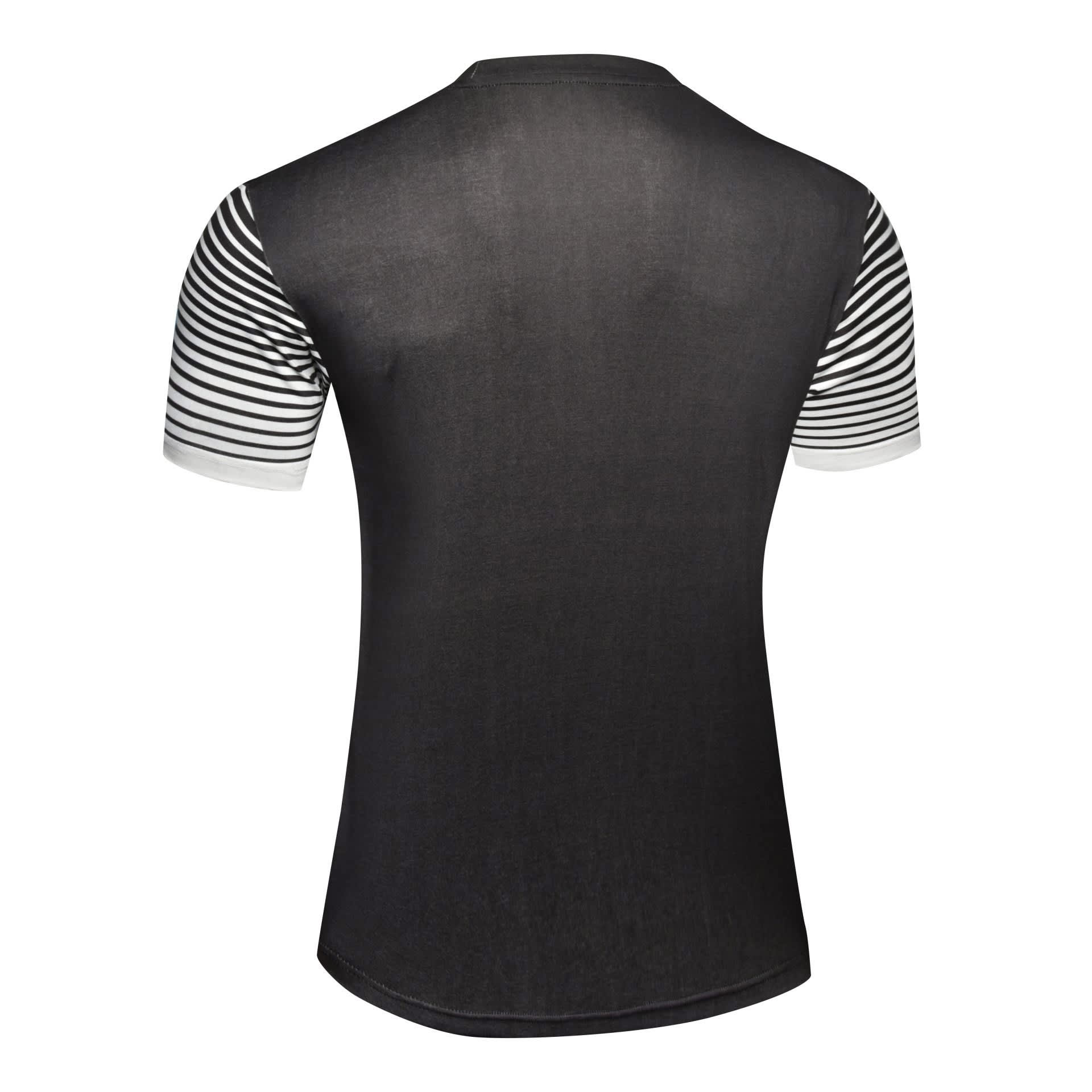 A black and white striped short-sleeve shirt with a black body and striped sleeves, featuring a logo on the back.