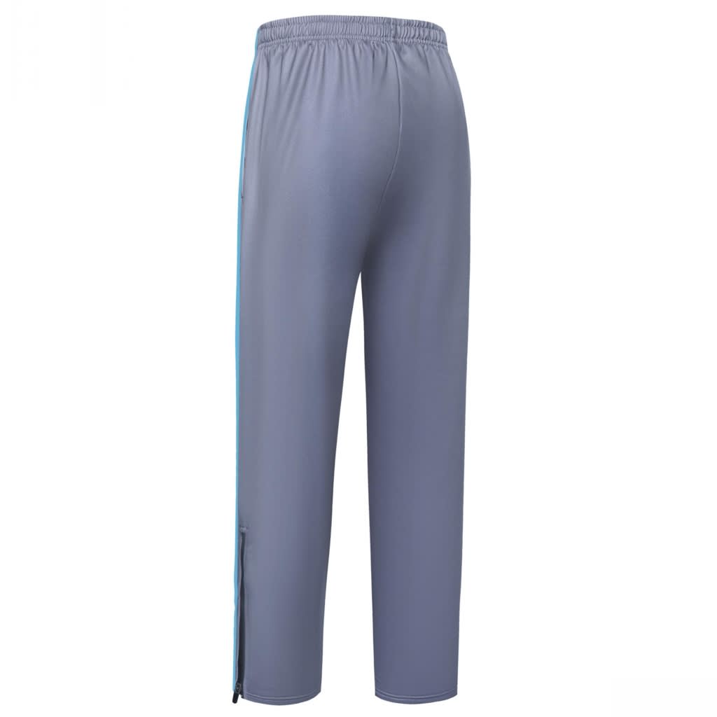Grey training zip pants with an elastic waistband and zip detailing at the ankles. Features a logo.