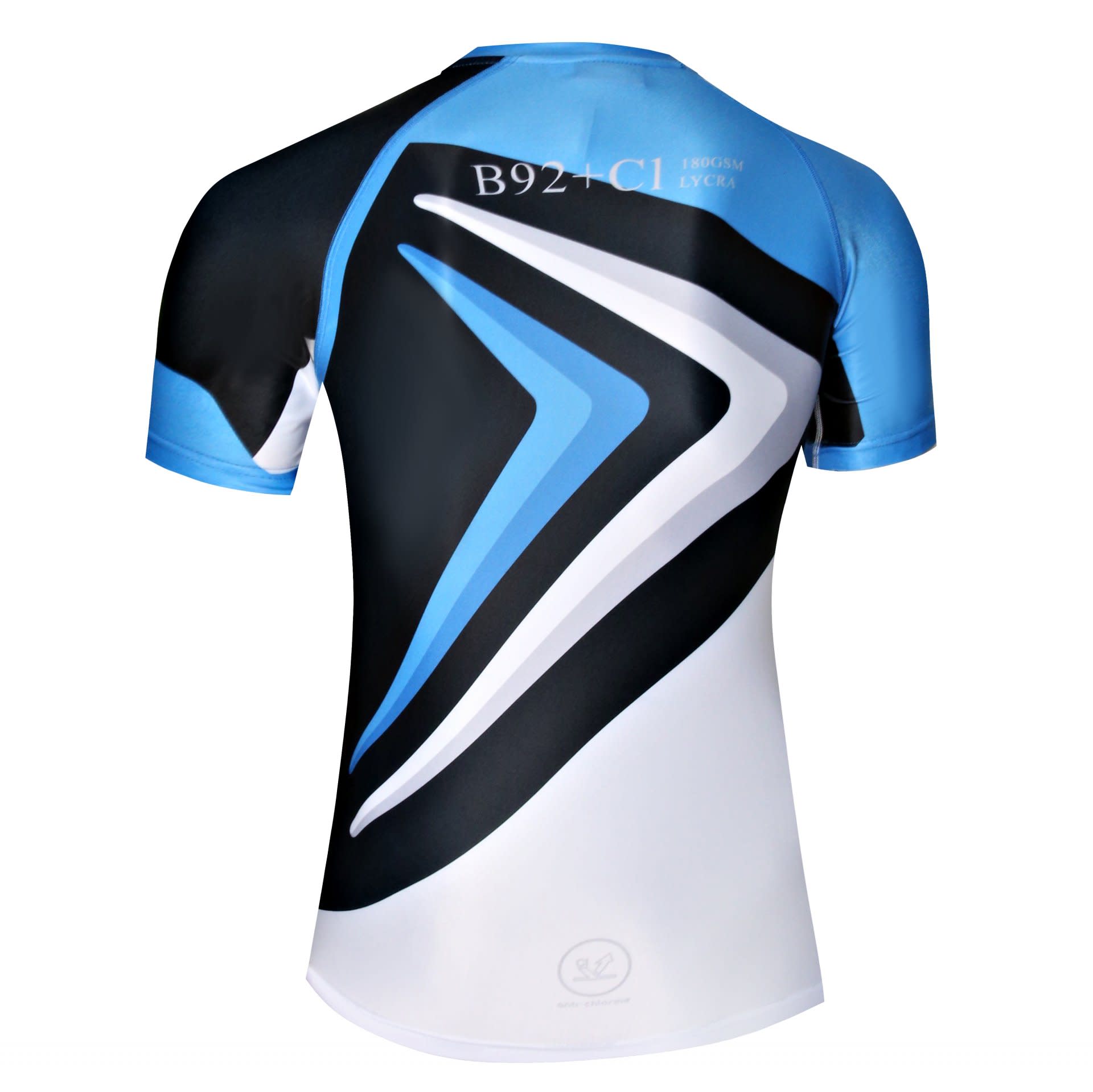 A short-sleeved, anti-chlorine PBT T-shirt featuring a blue, black, and white design with a logo.