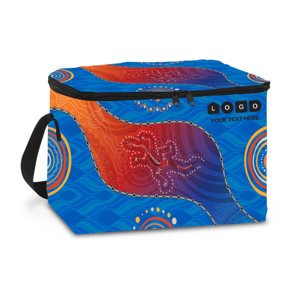 A vibrant blue cooler bag featuring abstract patterns in orange and red, with a carry handle and a logo.
