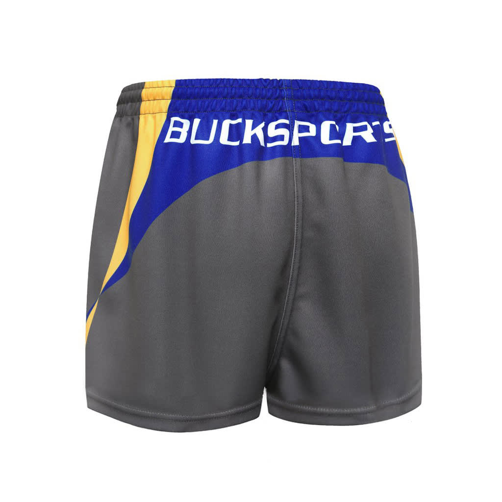 Short grey shorts with blue and yellow accents and a logo on the back.
