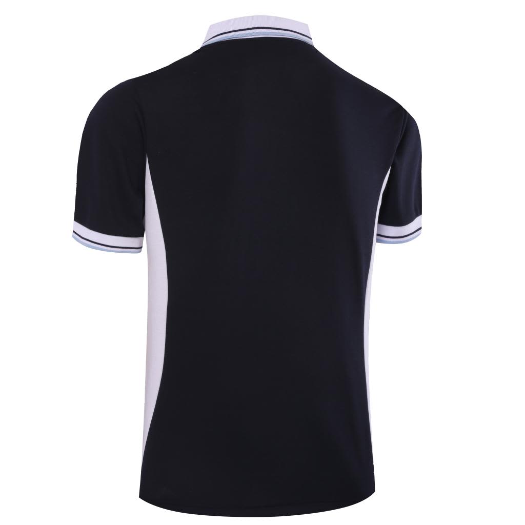 A black and white sublimated shirt featuring a collar and contrasting stripes on the sleeves.