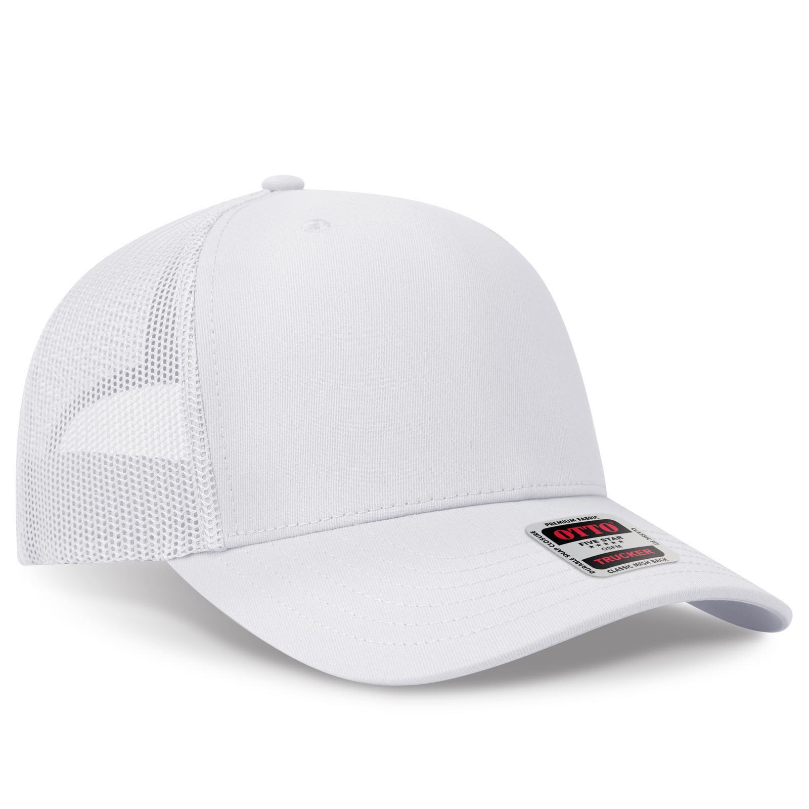 Seamless 6 Panel Mid Profile Mesh Back Trucker C3-1120-1 A white six-panel mid-profile trucker cap with a mesh back and a branded label on the front.