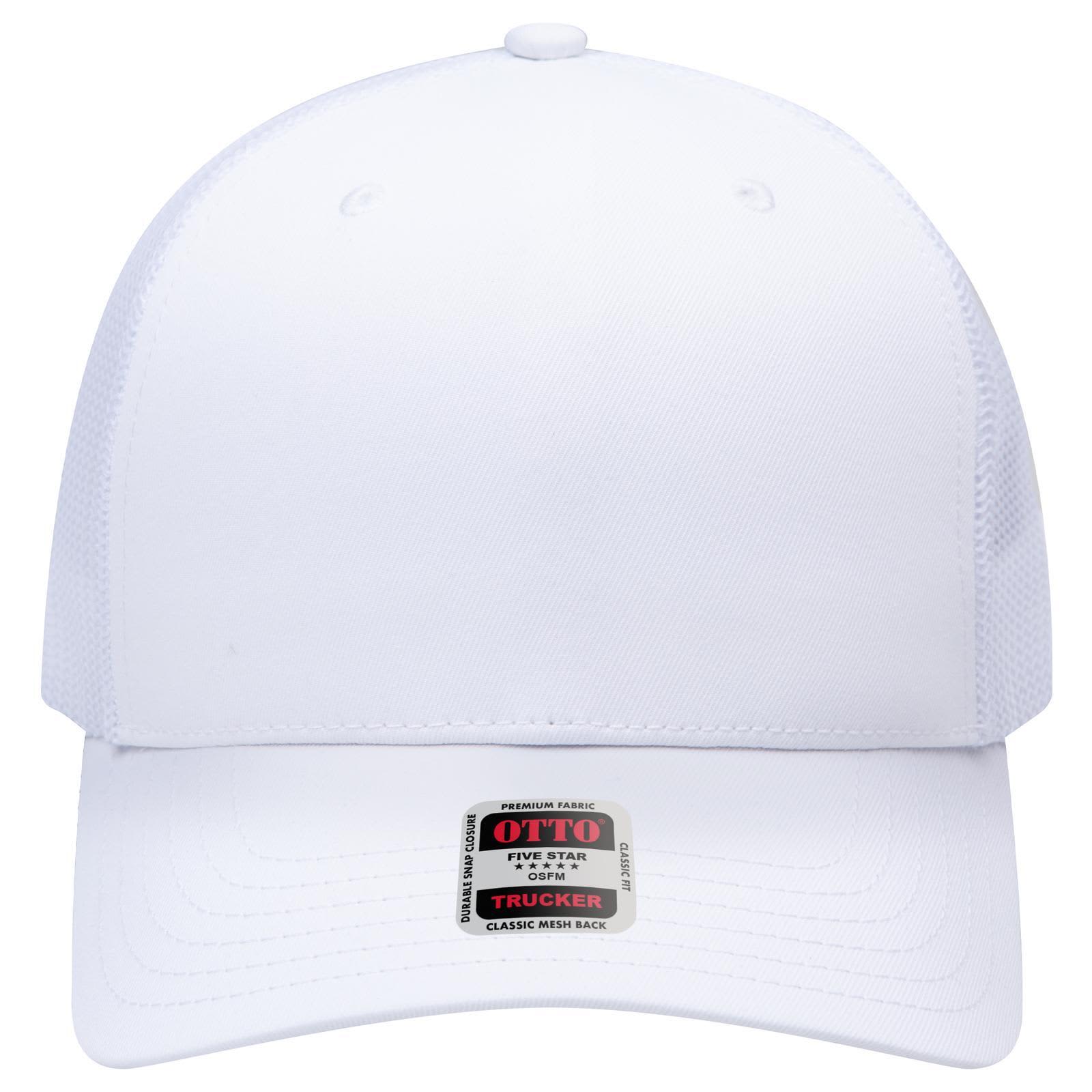 Seamless 6 Panel Mid Profile Mesh Back Trucker C3-1120-1 A white seamless 6 panel mid profile mesh back trucker cap with a branded label on the front.