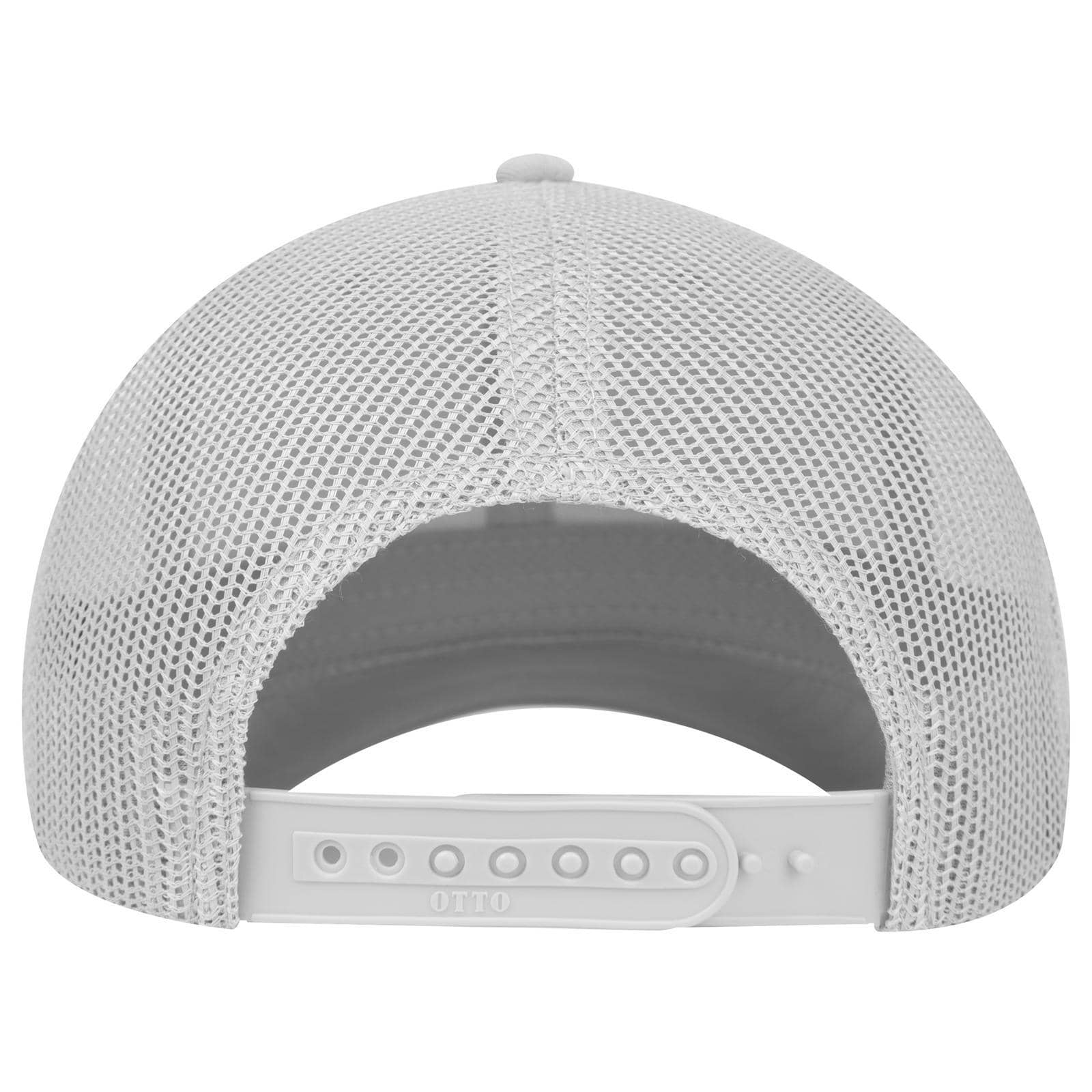 Seamless 6 Panel Mid Profile Mesh Back Trucker C3-1120-1 A white mid-profile trucker cap with a mesh back and adjustable snap closure at the rear.