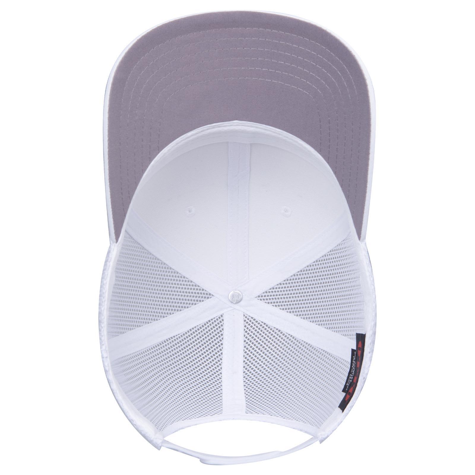 Seamless 6 Panel Mid Profile Mesh Back Trucker C3-1120-1 A white trucker cap with a grey brim and mesh back, featuring a logo on the inside.