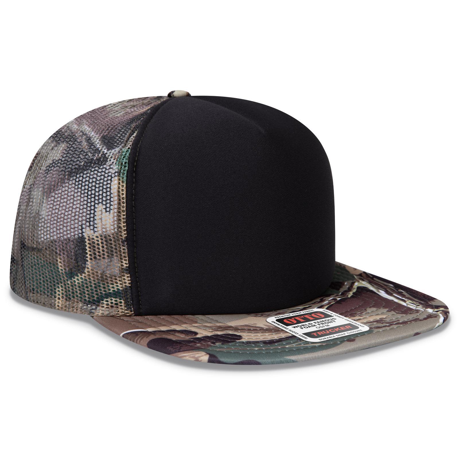 5 Panel High Crown Trucker Cap C3-132-1037 A five-panel high crown trucker cap featuring a black front and camouflaged mesh back. It includes a logo.