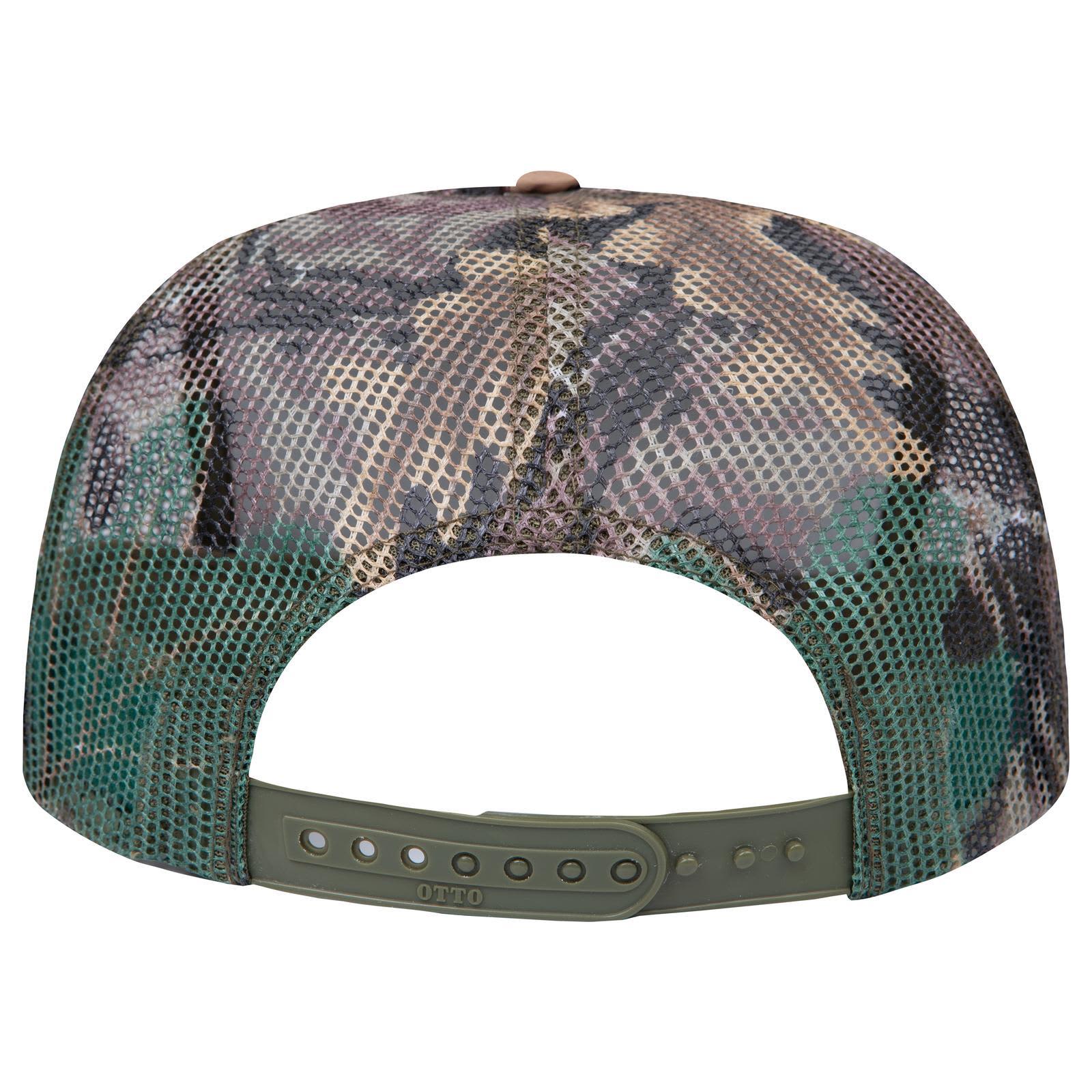 5 Panel High Crown Trucker Cap C3-132-1037 A high crown trucker cap in camouflage design, featuring a mesh back and a solid green strap.