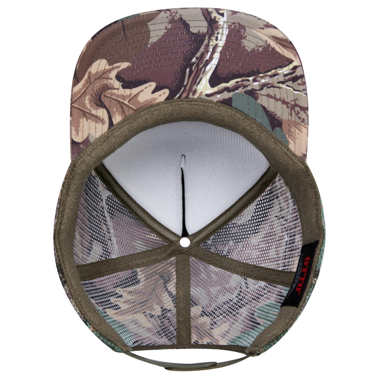 5 Panel High Crown Trucker Cap C3-132-1037 An olive green and camo 5 panel high crown trucker cap with a mesh interior and a logo.