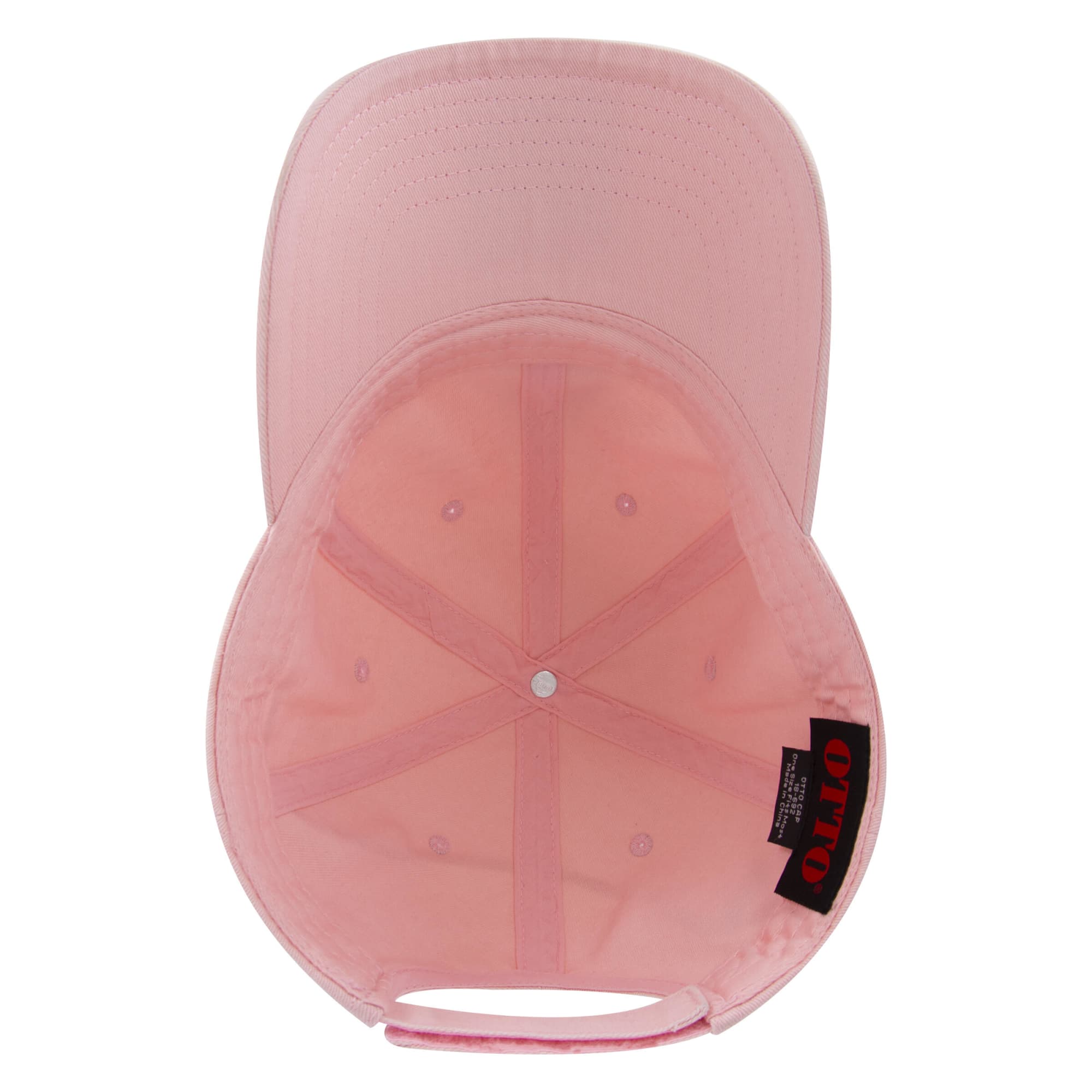 6 Panel Low Profile Dad Cap C3-18-692 A pink 6-panel low profile dad cap with a curved brim and an inner label, featuring ventilation holes for breathability.