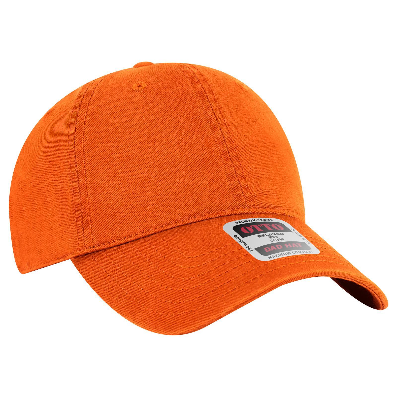 6 Panel Low Profile Dad Cap C3-18-772 An orange 6 panel low profile dad cap with a curved brim and a brand logo on the side.