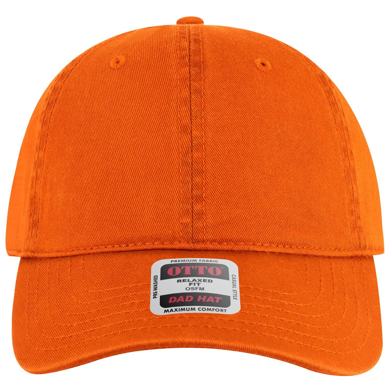 6 Panel Low Profile Dad Cap C3-18-772 An orange 6-panel low profile dad cap with a curved brim and an attached logo.