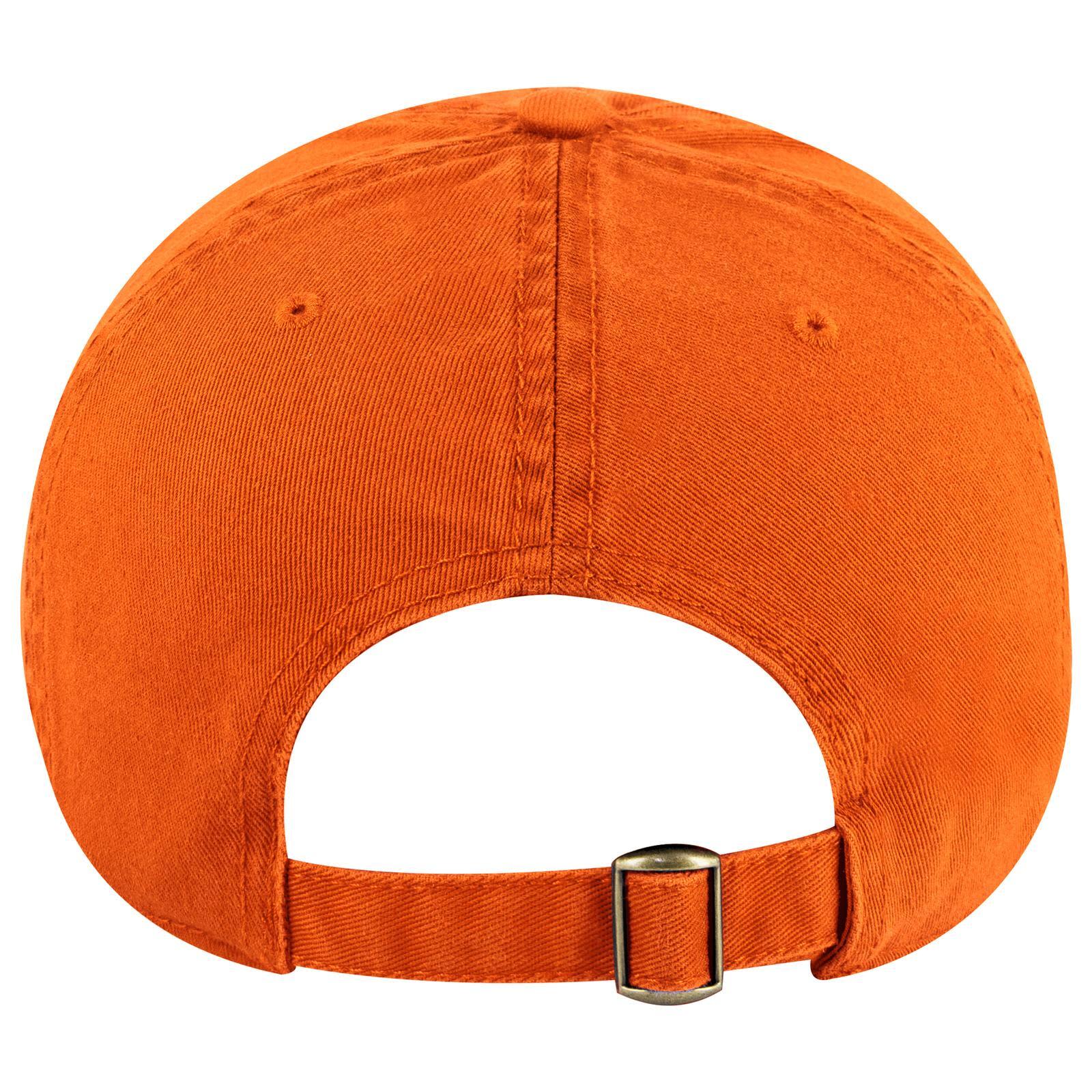 6 Panel Low Profile Dad Cap C3-18-772 An orange 6 panel low profile dad cap featuring an adjustable strap and a logo on the back.