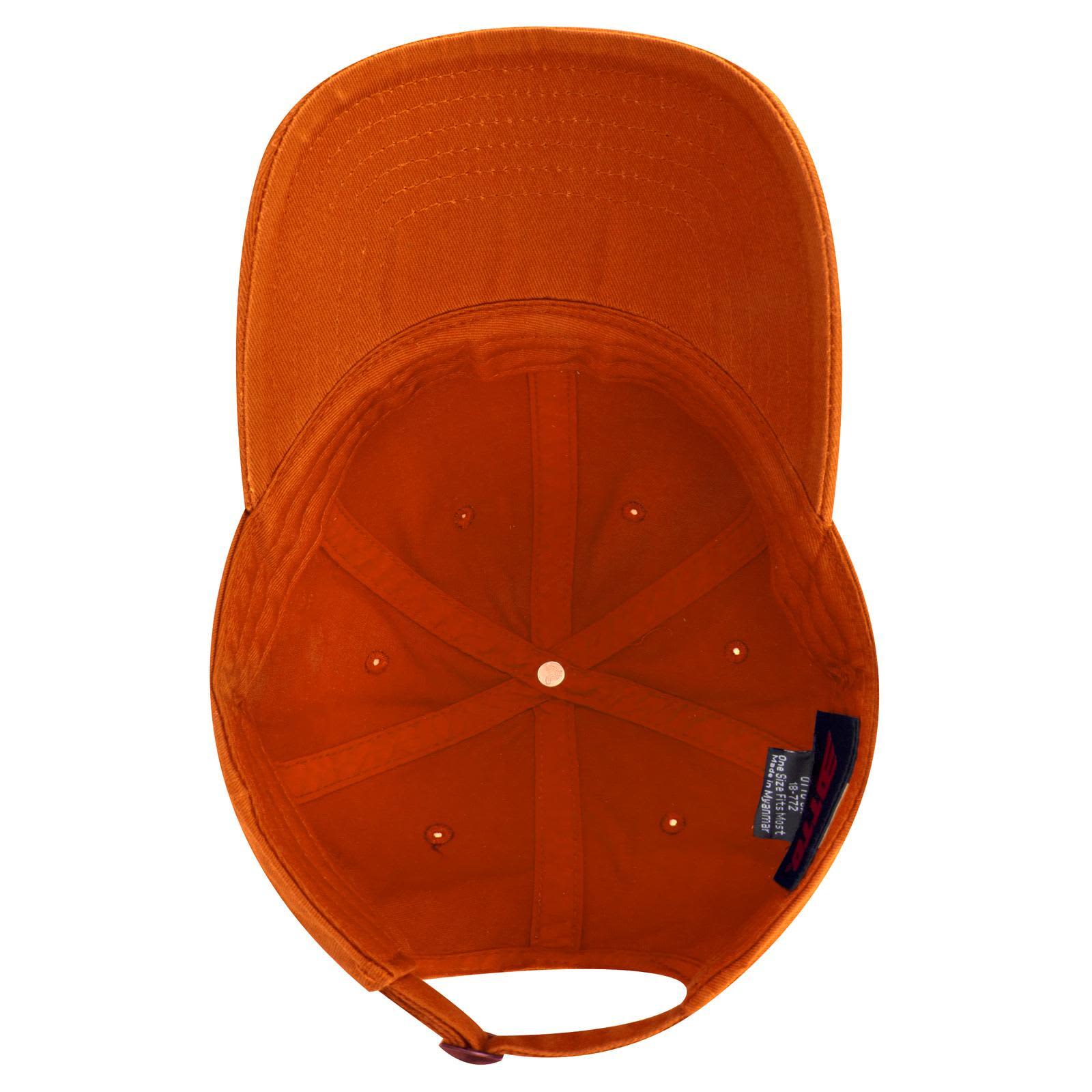6 Panel Low Profile Dad Cap C3-18-772 An orange 6 Panel Low Profile Dad Cap with a curved brim and an inner lining, featuring a logo.