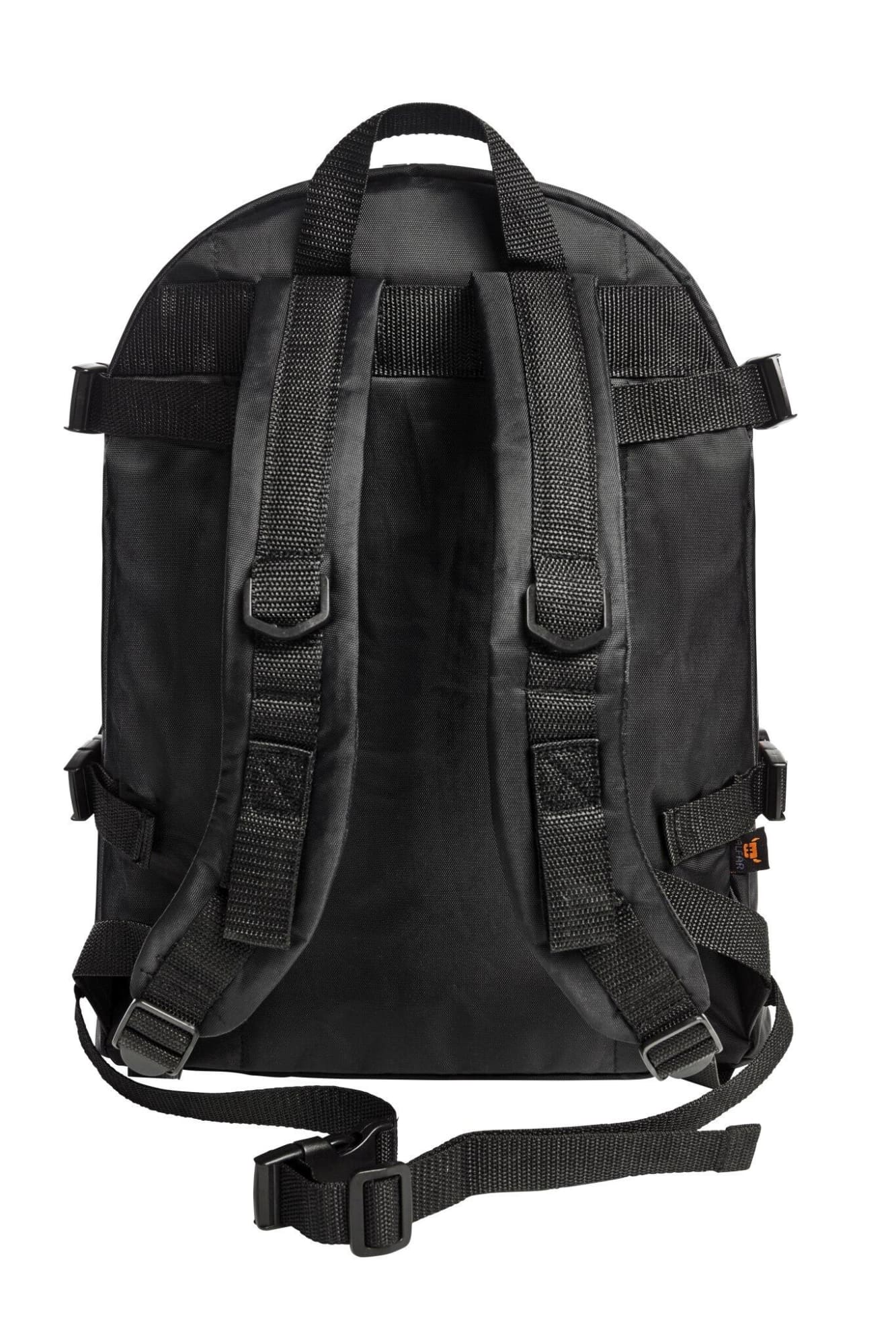 A black sport backpack featuring adjustable straps and multiple compartments. It includes a logo on the design.