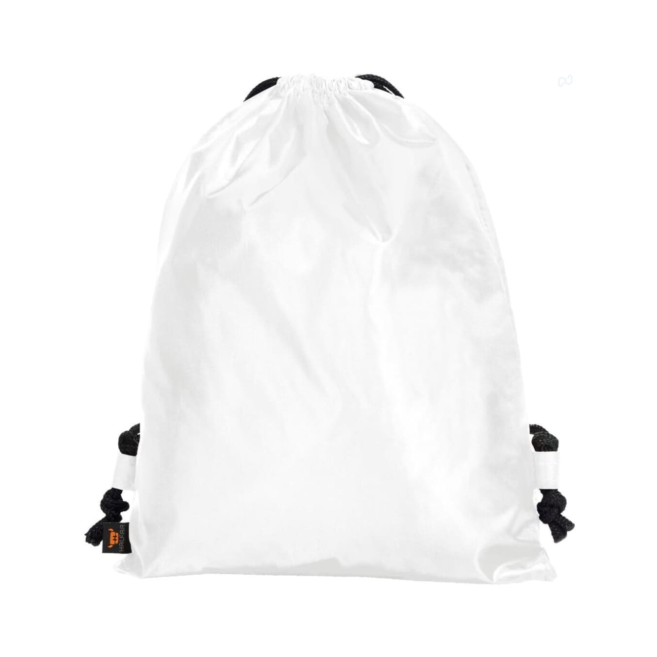 A white drawstring backpack with black cords, featuring a small logo on the side.