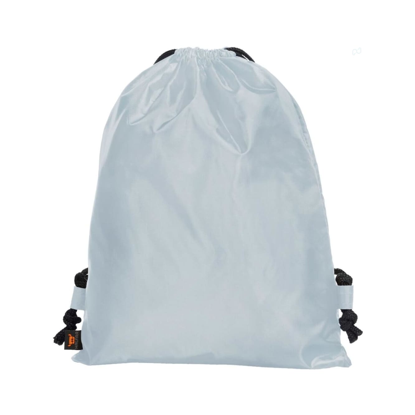 A light blue drawstring backpack with black cord straps and a simple design. It features a logo.