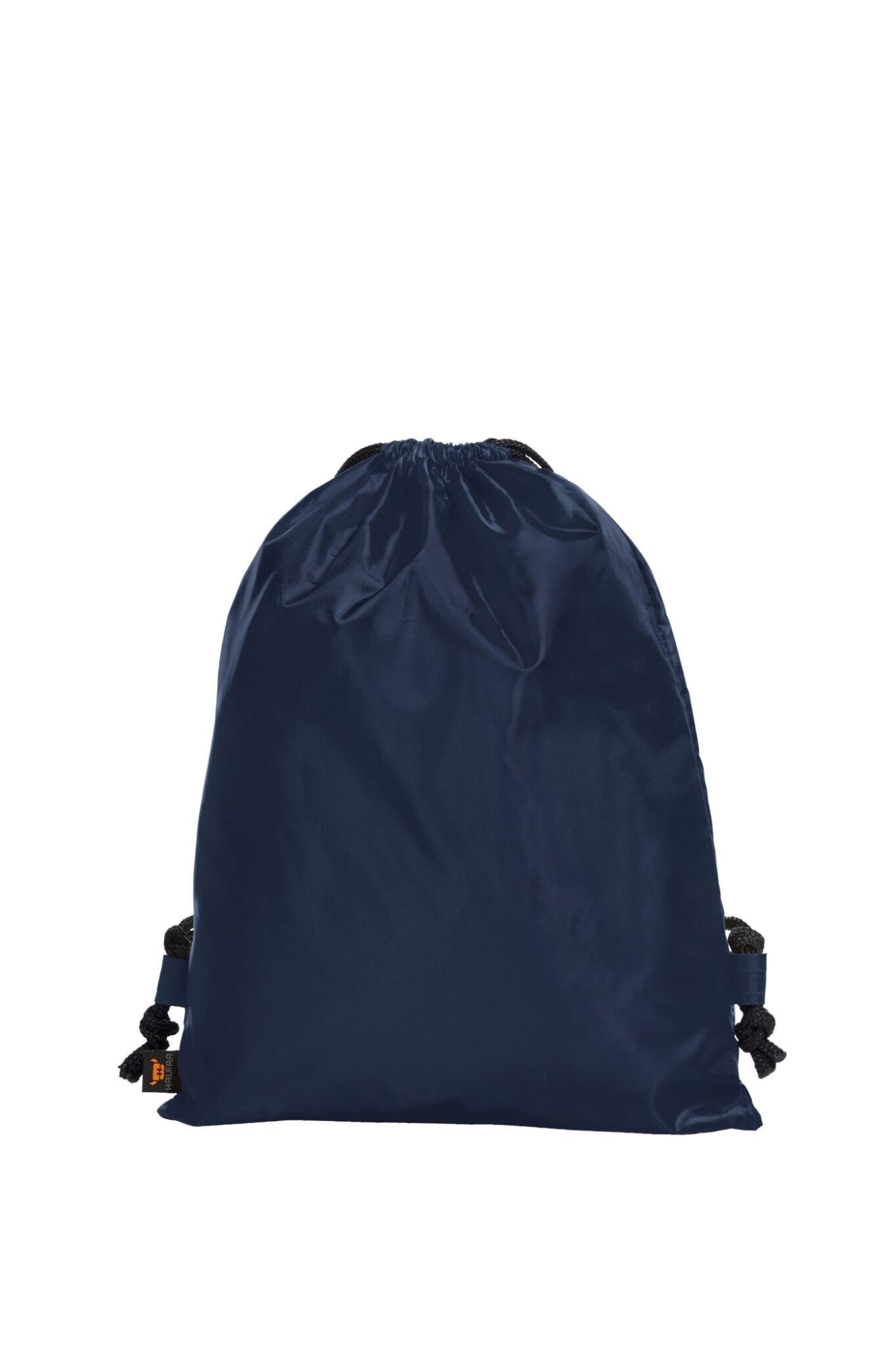A navy blue drawstring backpack with black cords and a logo on the side.