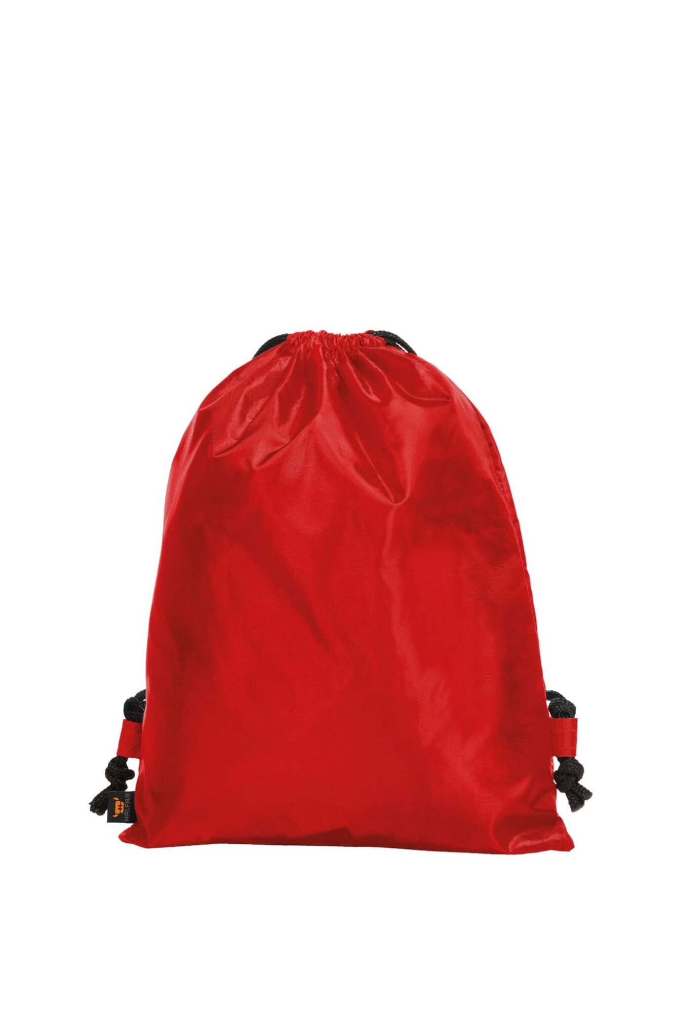 A red drawstring backpack made of taffeta, featuring black cords and a branding logo.