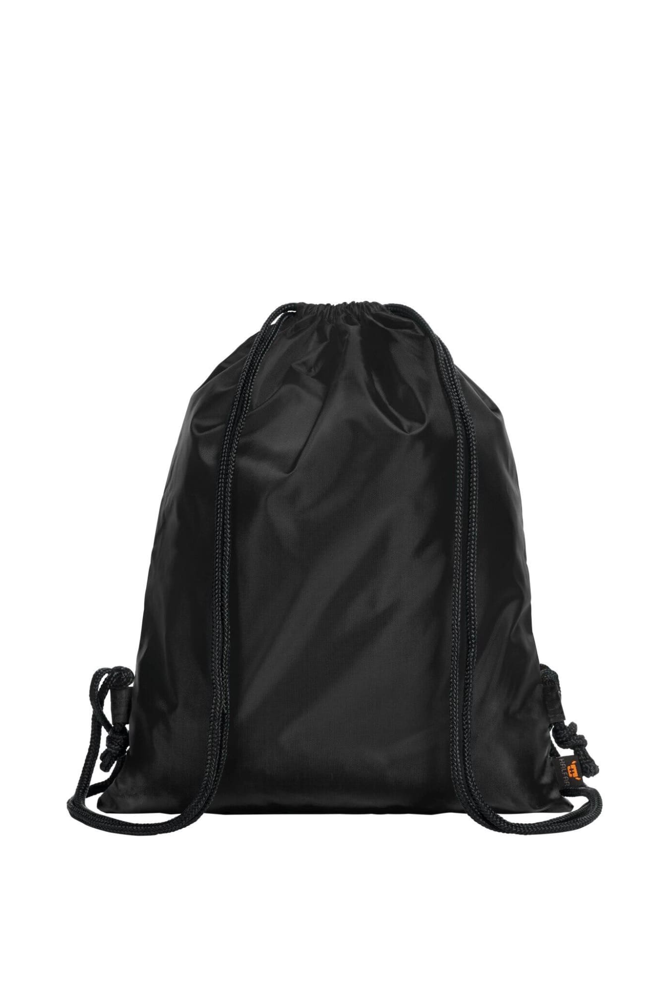 A black sport taffeta backpack with drawstring closure and adjustable straps. It features a logo.