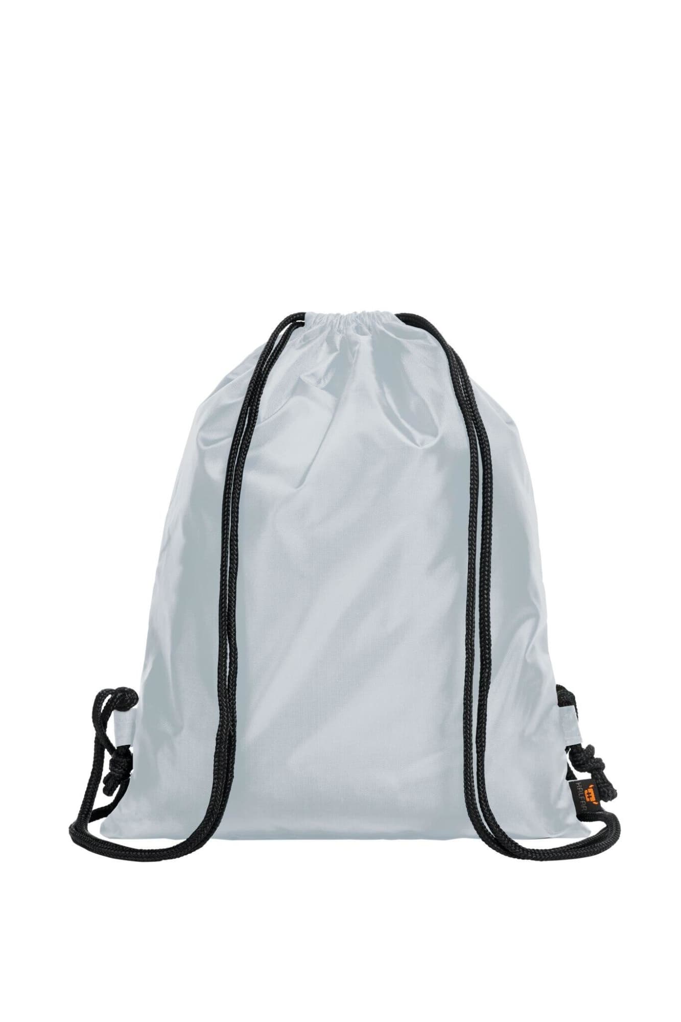 A light grey drawstring backpack with black cords, featuring a logo on the side.