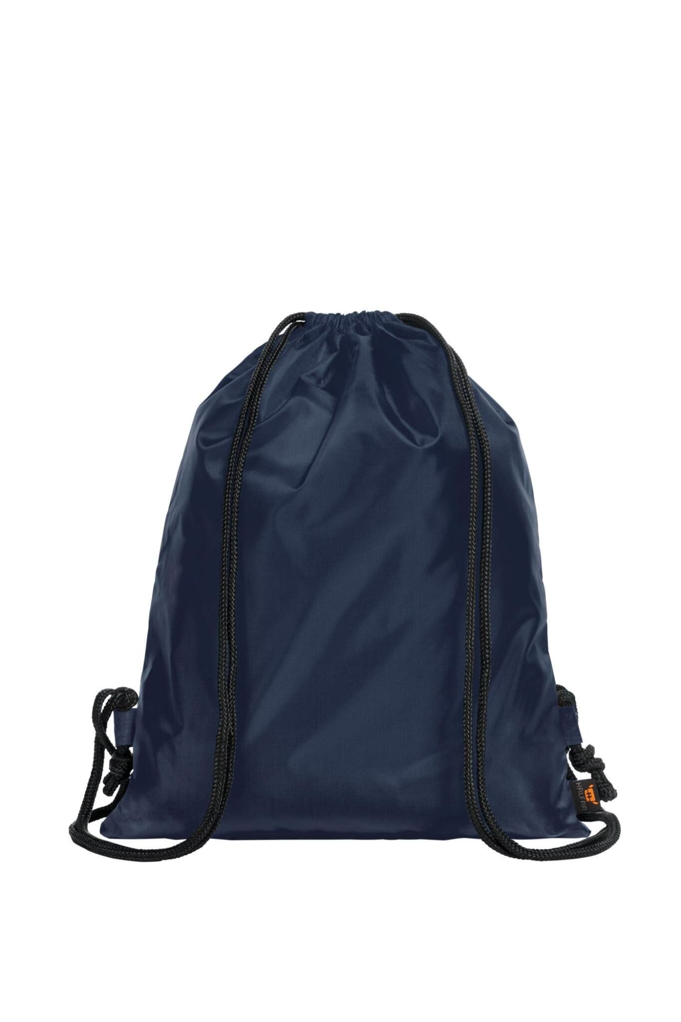 A navy blue drawstring backpack made from sport taffeta, featuring a logo and adjustable straps.