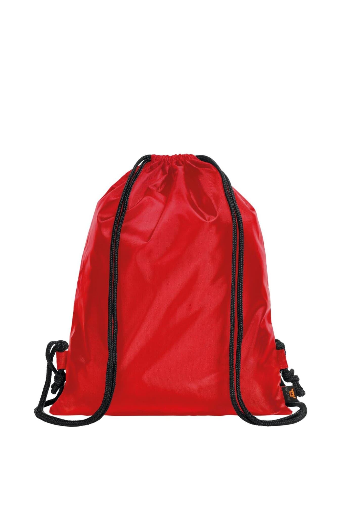 A red drawstring backpack with black drawcords and a simple design, featuring a logo.