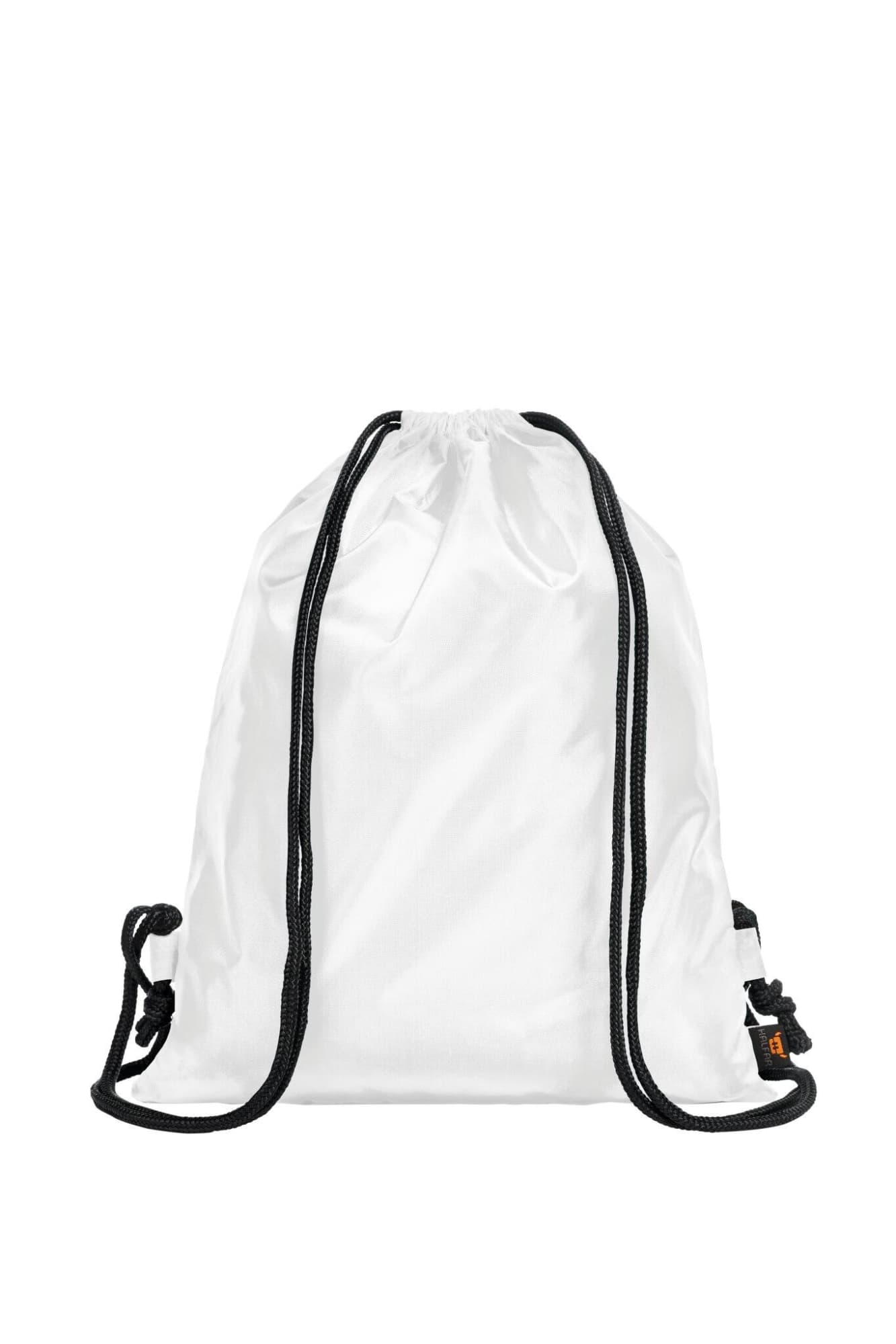 A white drawstring backpack with black cords and a logo. Ideal for carrying lightweight items.