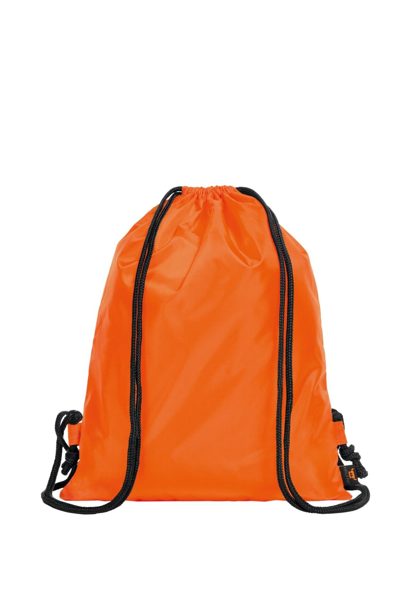 An orange drawstring backpack with black cords, featuring a logo. Ideal for carrying lightweight items.