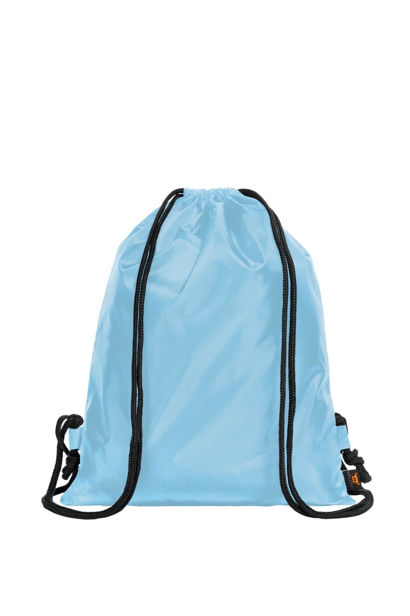 A light blue drawstring backpack made from sport taffeta material, featuring black straps and a logo.