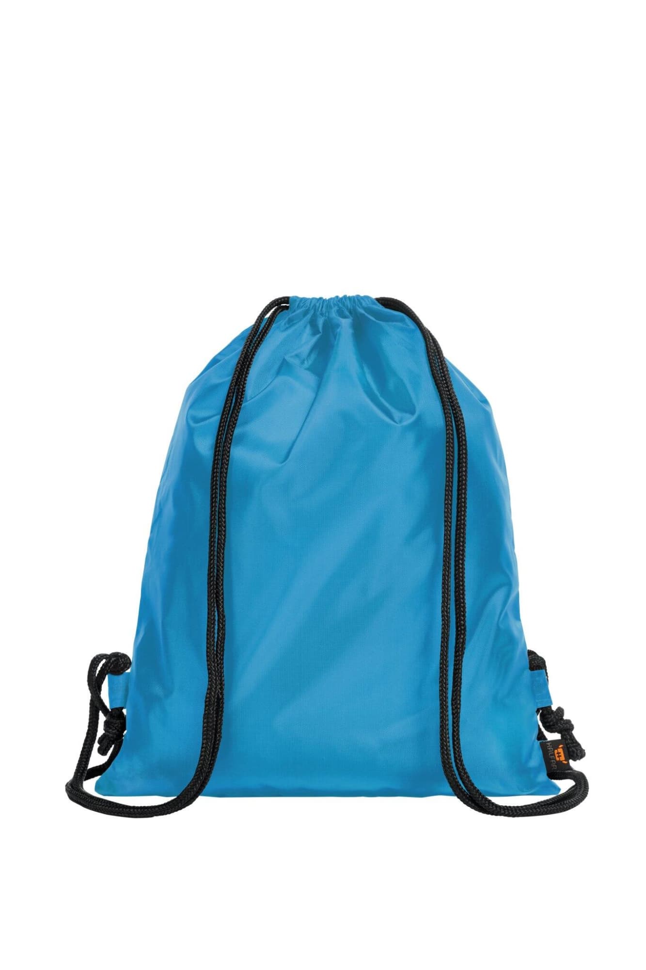 A blue drawstring backpack made of taffeta material, featuring black drawstrings and a logo.