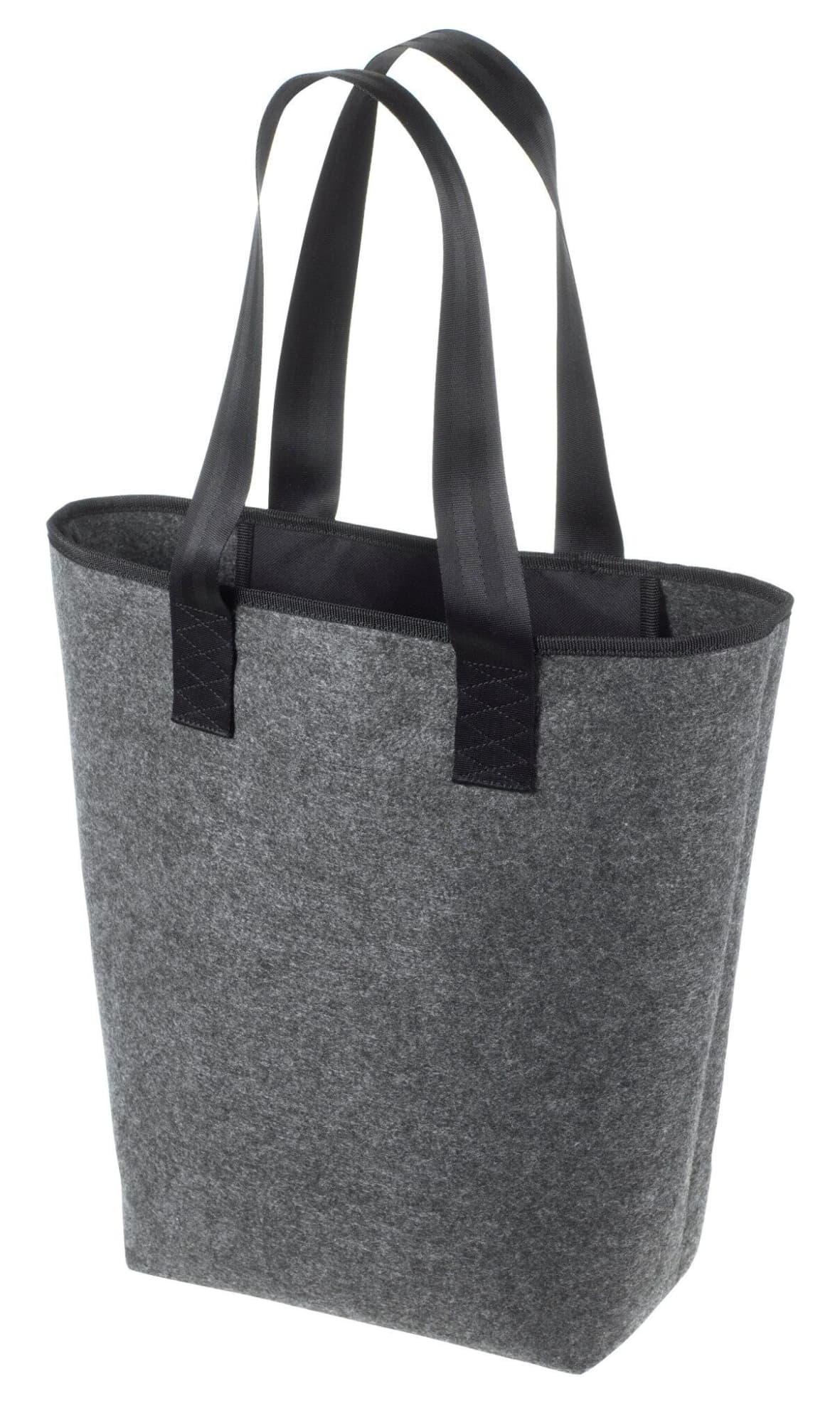 A grey reusable grocery bag with black handles and a simple design, featuring a logo on the side.