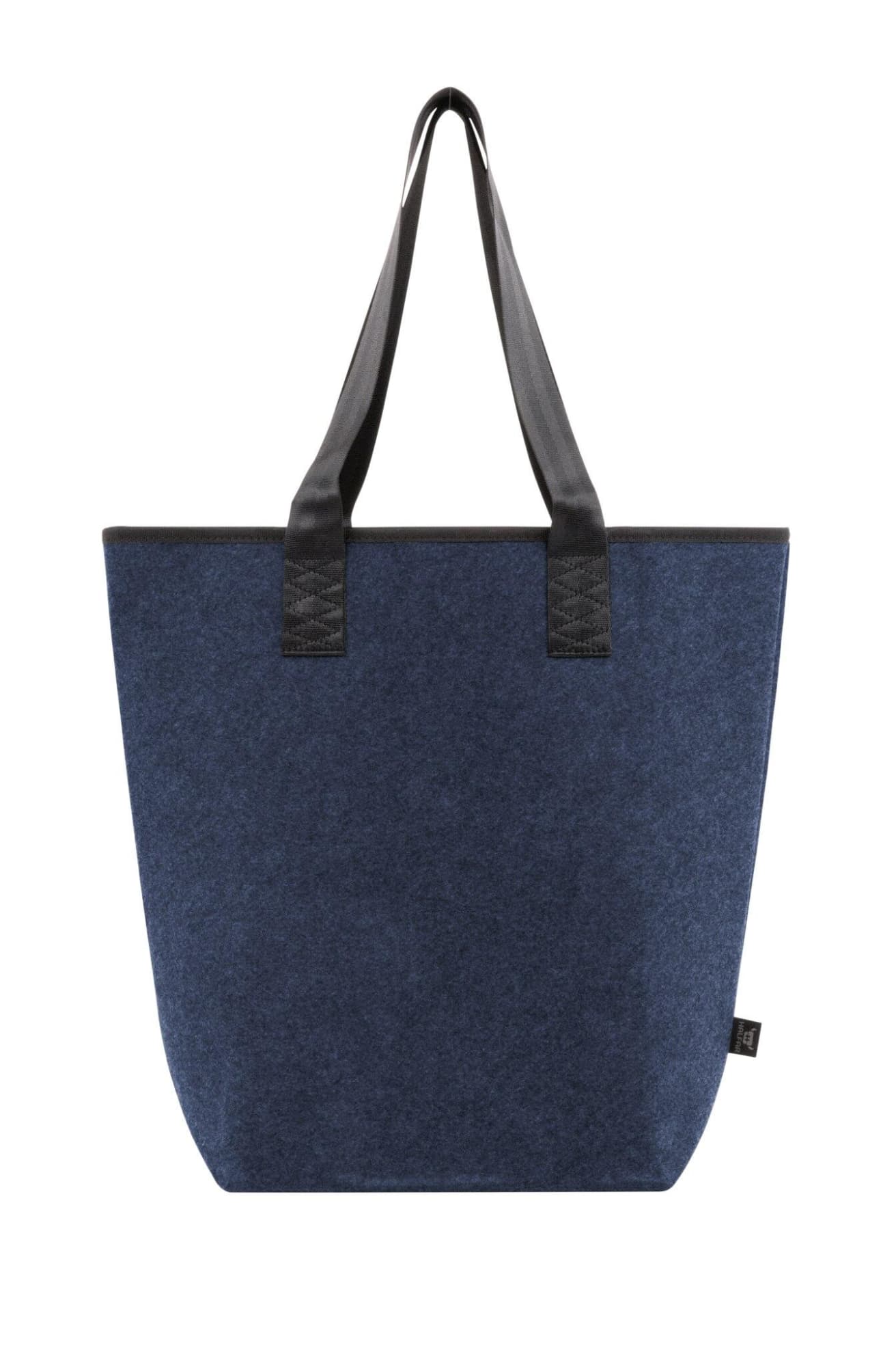 A navy blue tote bag with black leather handles and a modest logo. The bag has a simple, clean design.