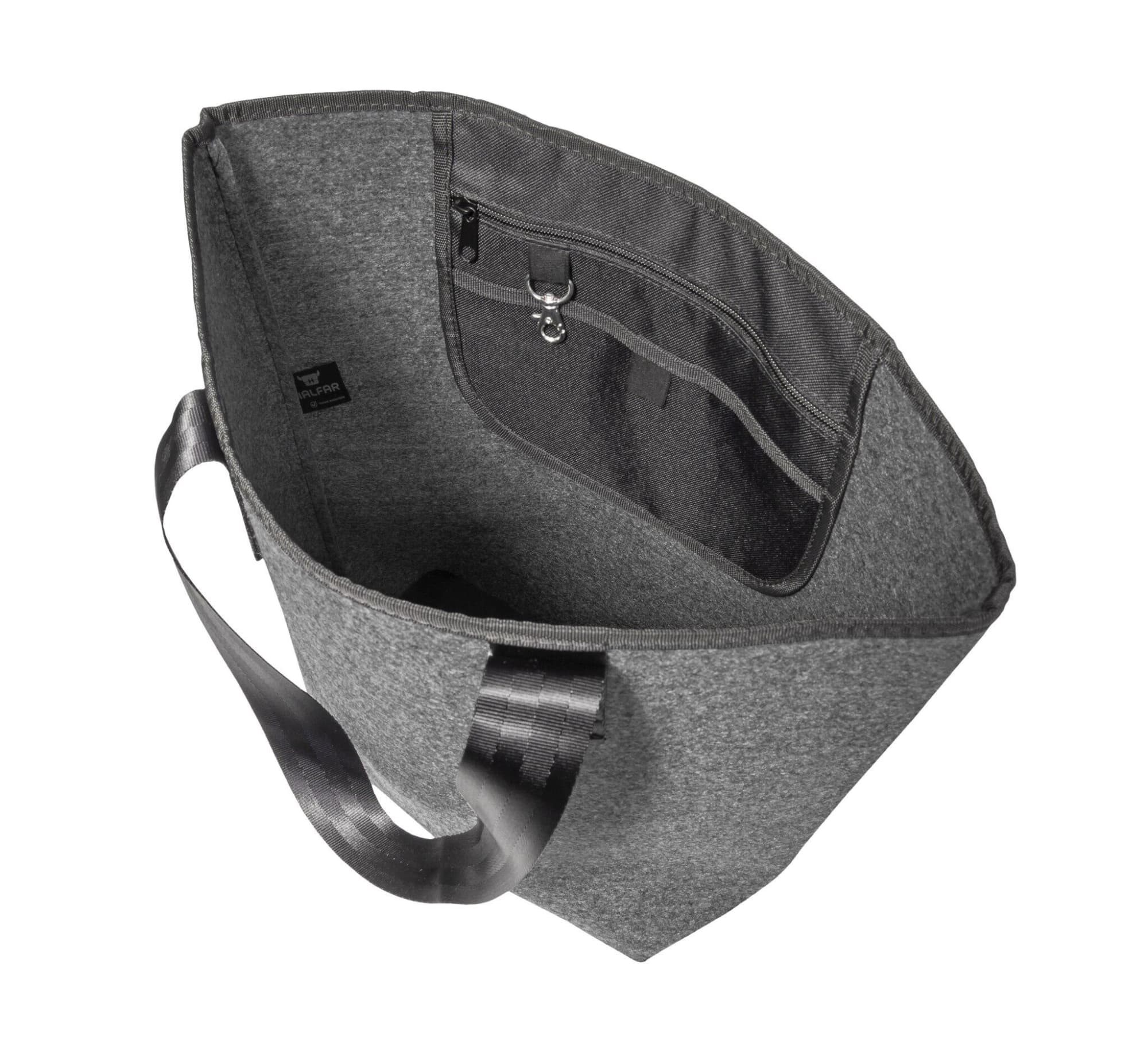 A grey reusable grocery bag with a sleek design and a contrasting black strap and interior pockets.