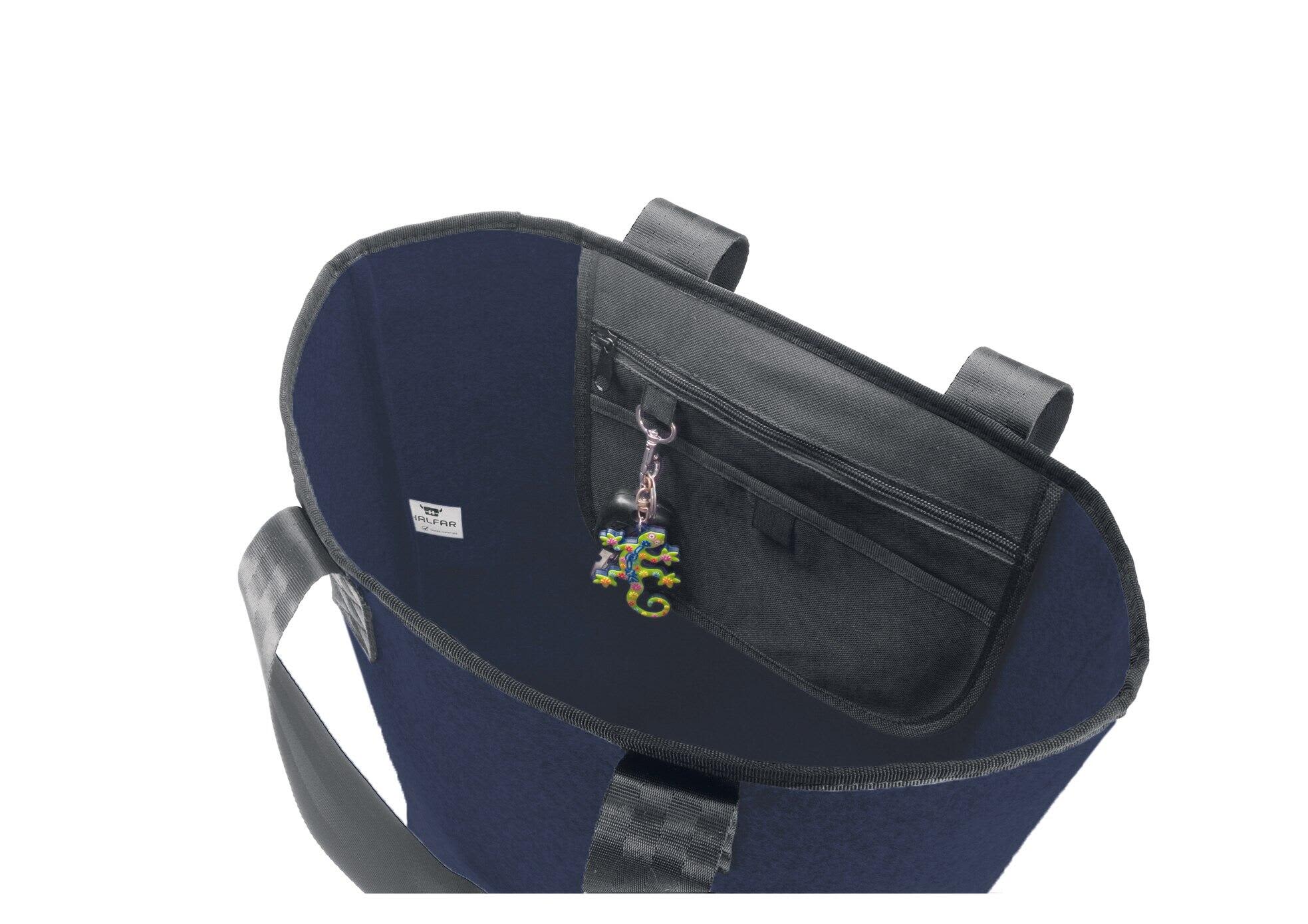 A reusable grocery bag in navy blue with a zippered pocket and a keychain inside. Features sturdy handles and has a logo.