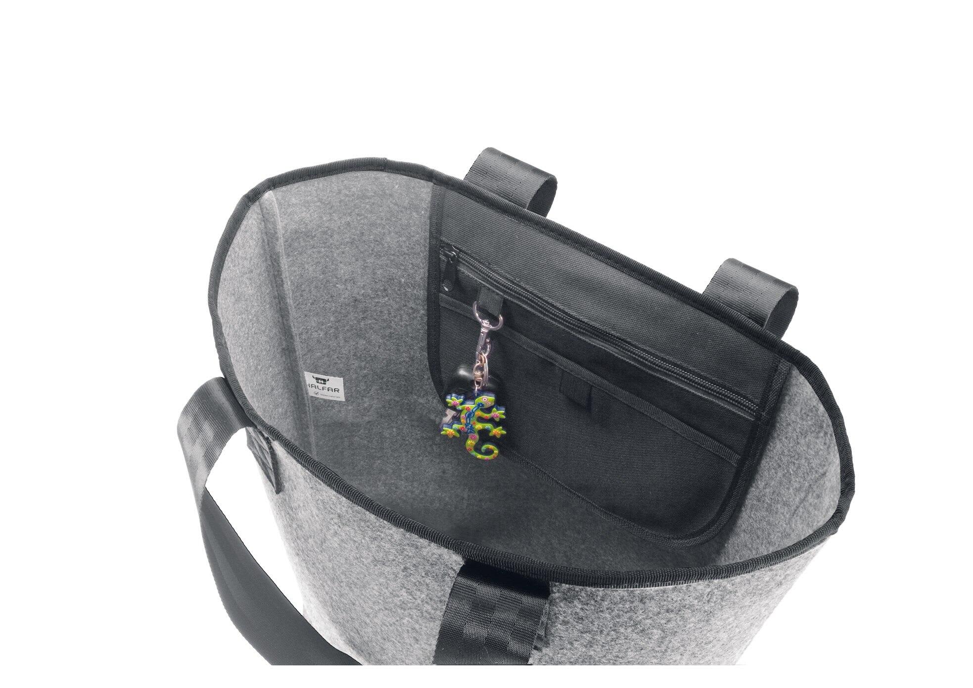 A grey reusable grocery bag with a zippered pocket and a colourful charm attached inside.