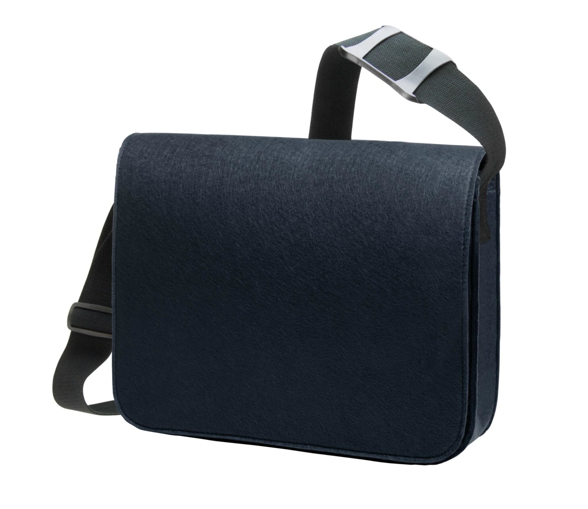 A navy blue courier bag with a flap and an adjustable strap, featuring a logo on the front.