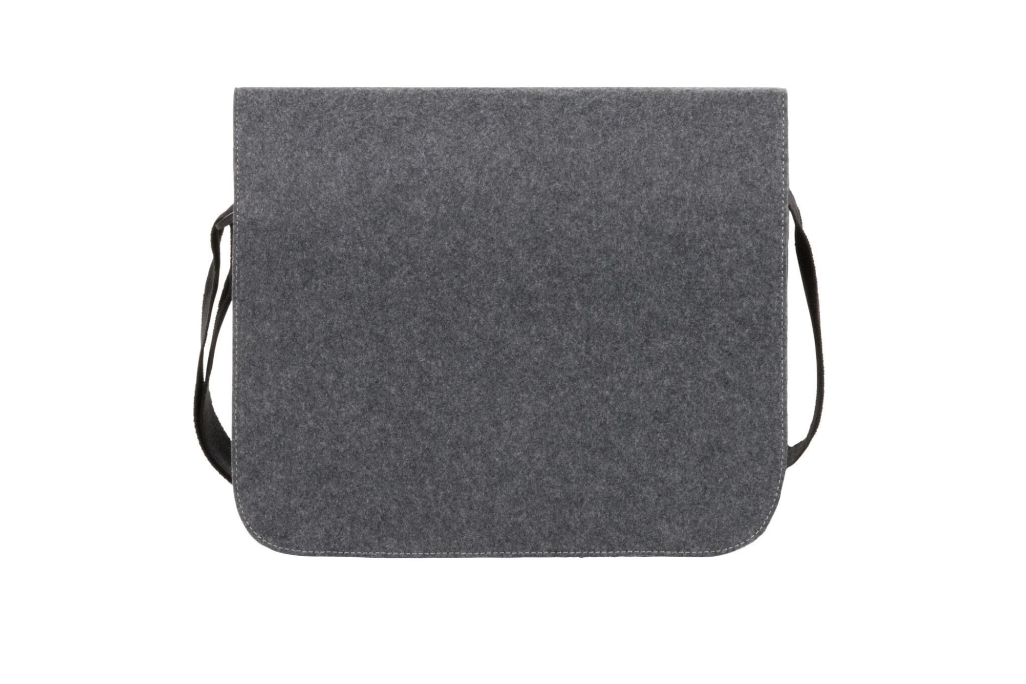 A grey satchel bag made of felt material with a black adjustable strap and a logo on it.