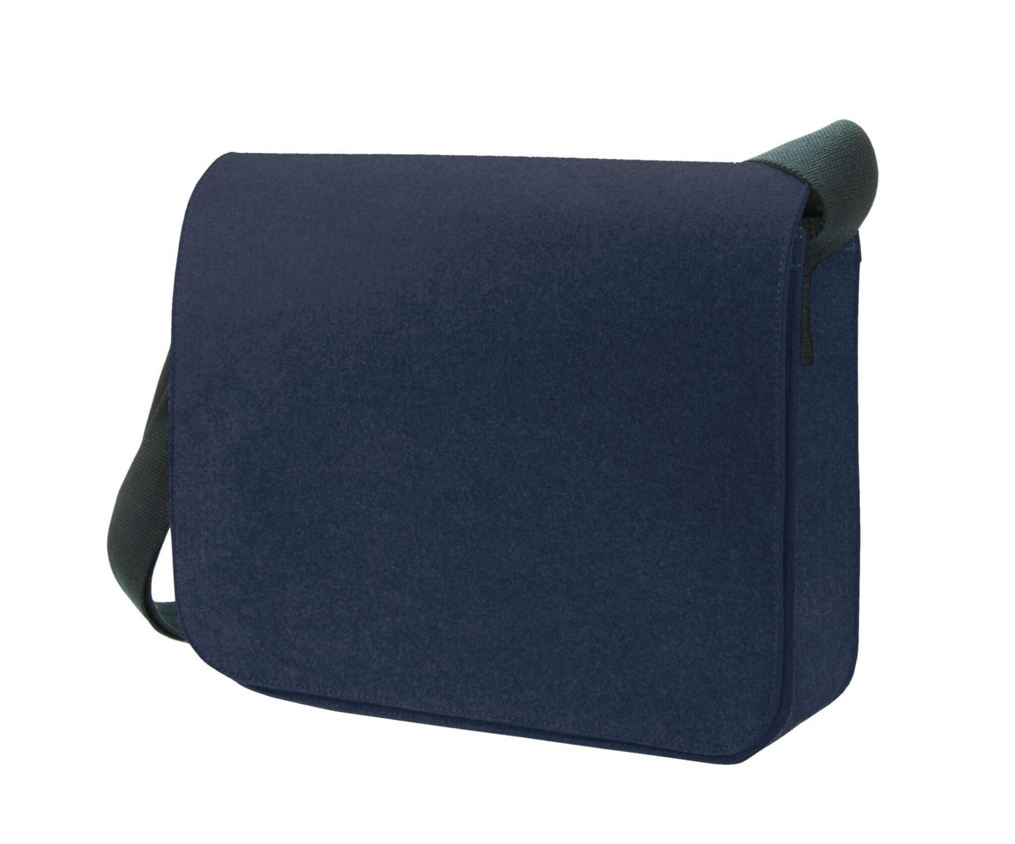 A navy blue messenger bag with a shoulder strap and a smooth finish. It includes a logo on the front.