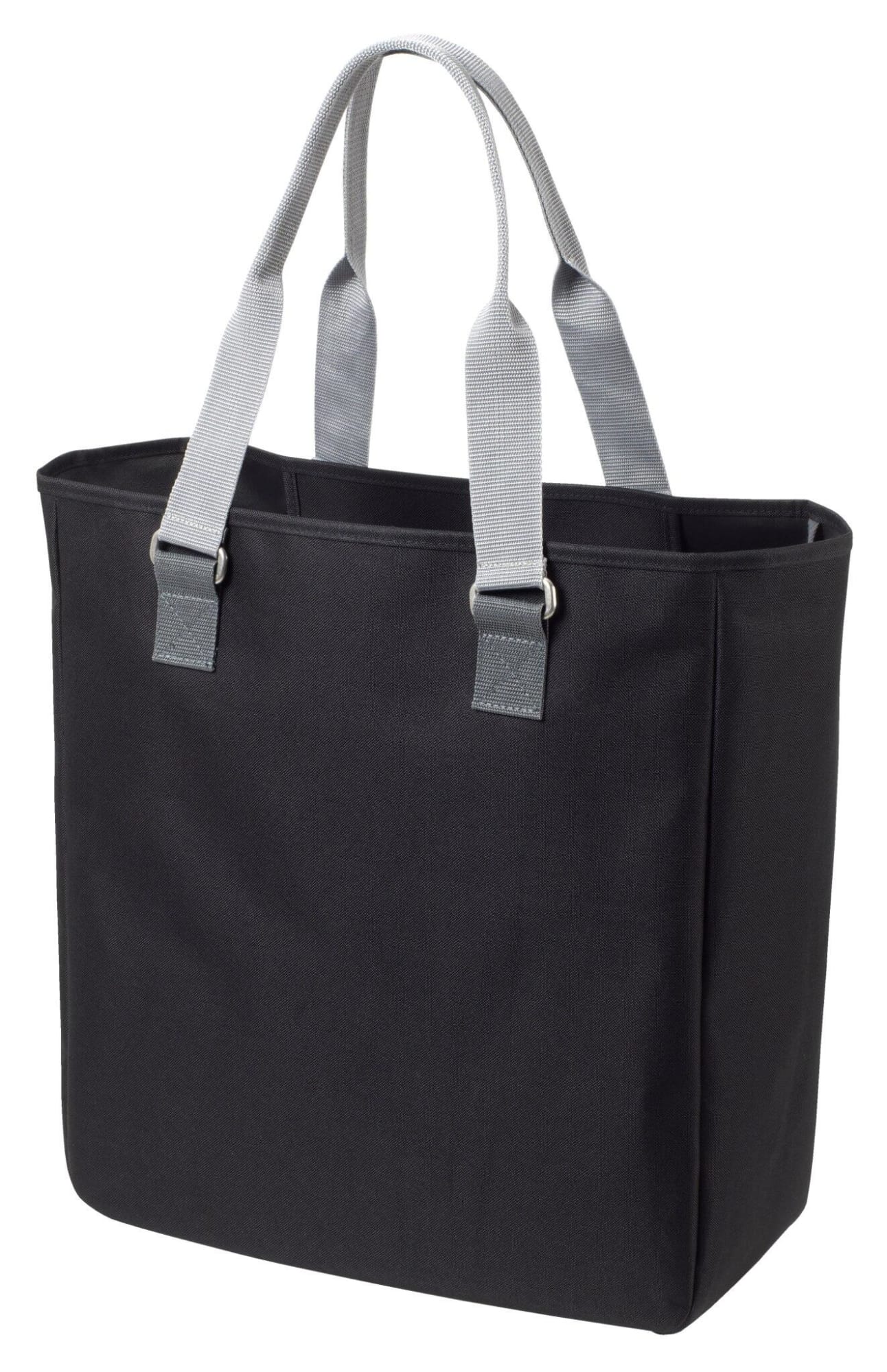 A reusable grocery bag in black with grey handles, featuring a simple design and sturdy construction.