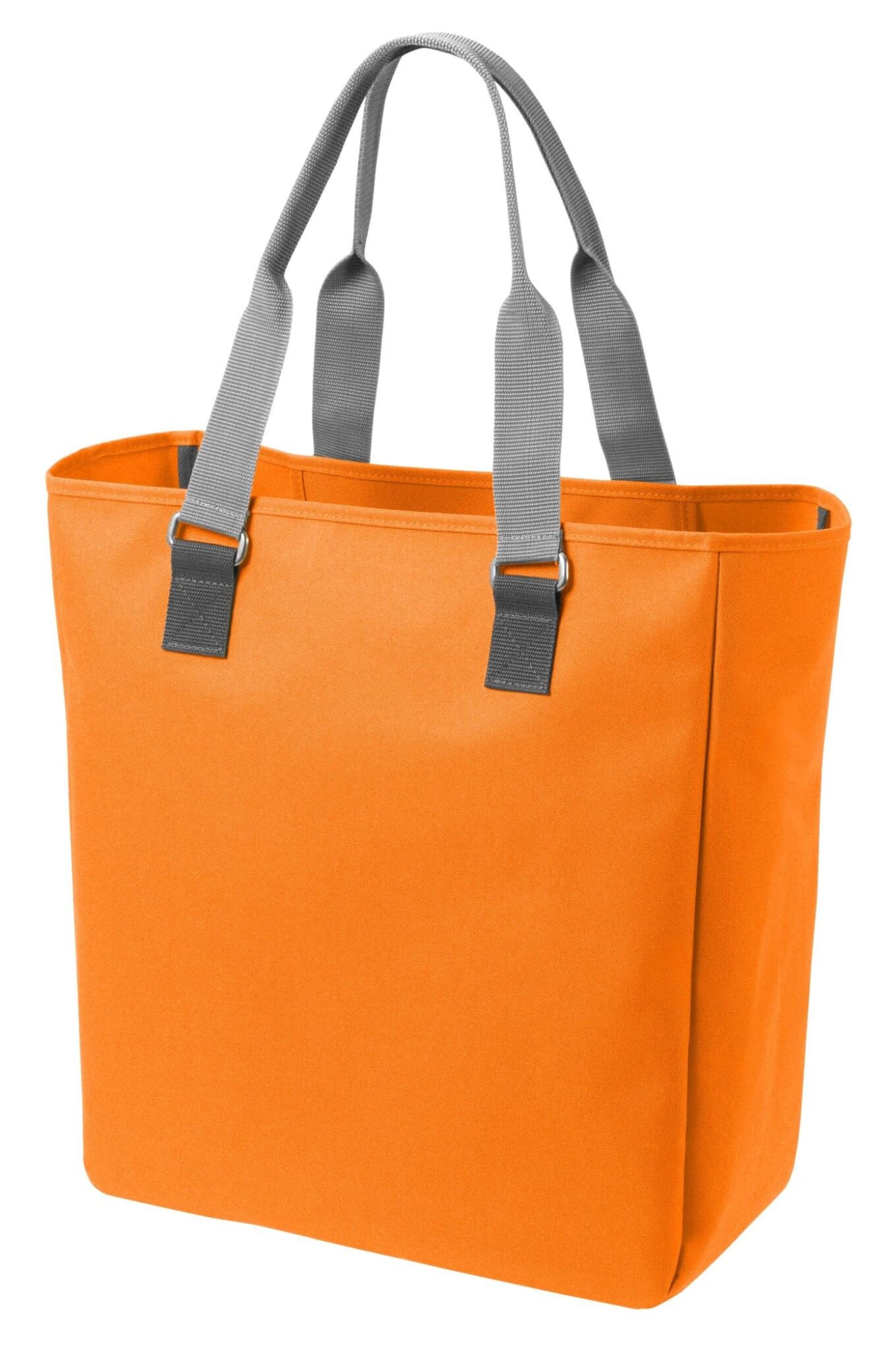 An orange reusable grocery bag with grey handles, featuring a structured design and a logo on the front.
