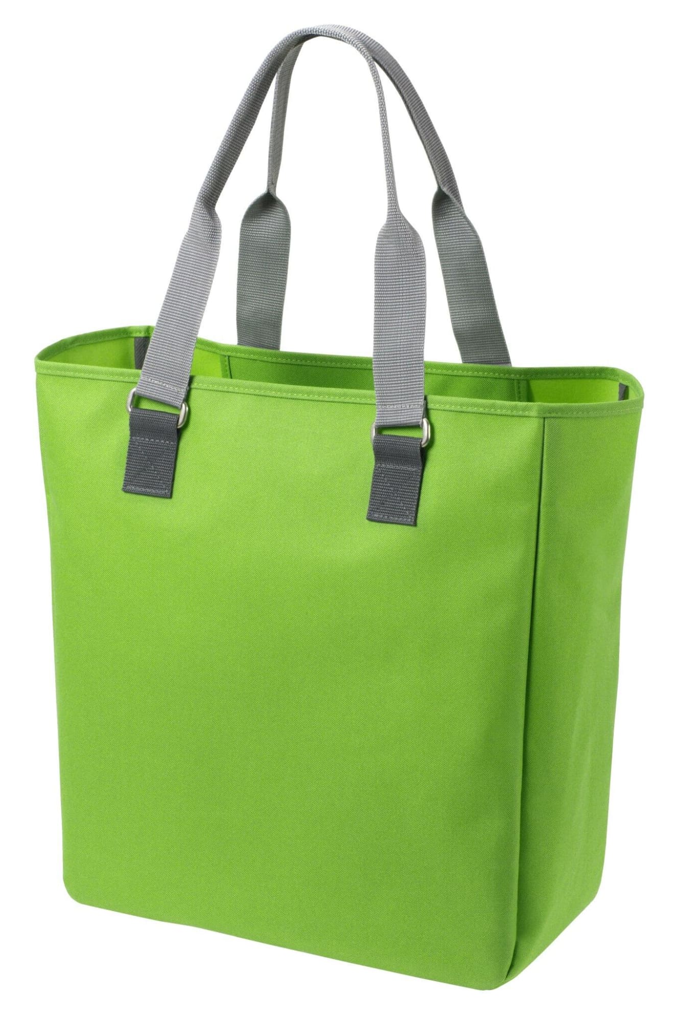 A reusable grocery bag in vibrant green with grey handles and a simple design. Features a logo.