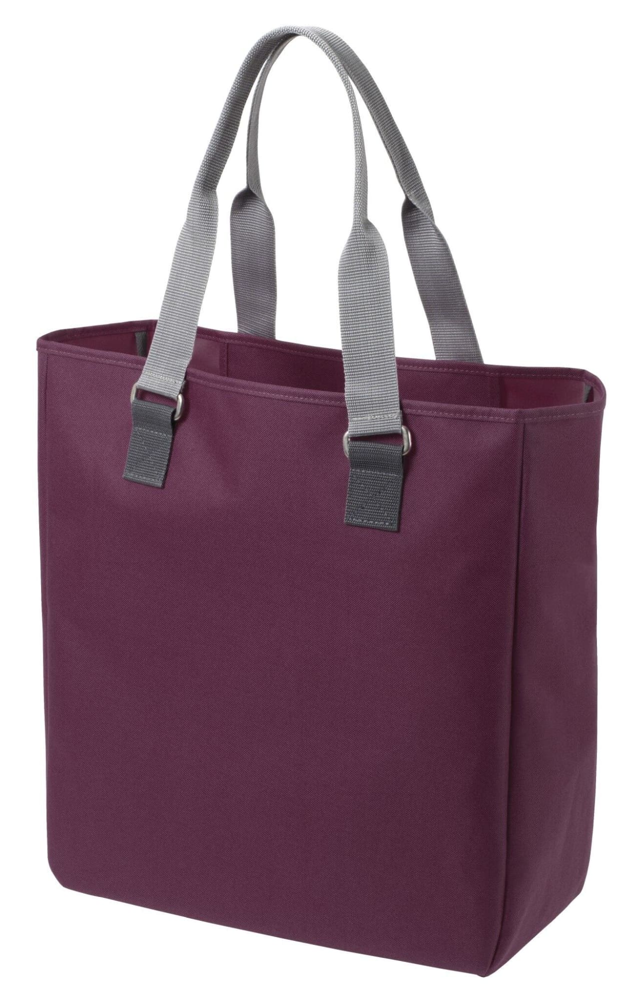 A reusable grocery bag in deep burgundy with grey handles, featuring a simple design and sturdy construction.