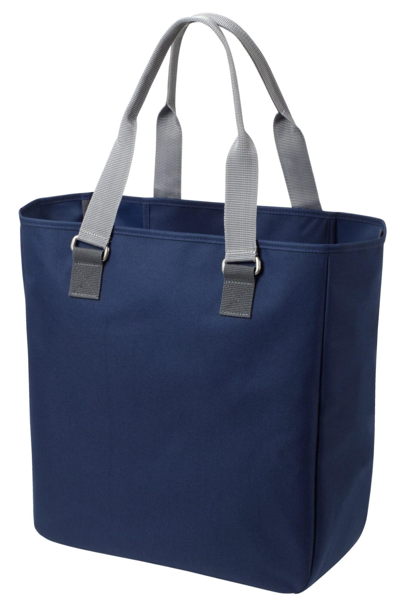 A navy blue reusable grocery bag with grey handles and a simple design. It features a logo on one side.