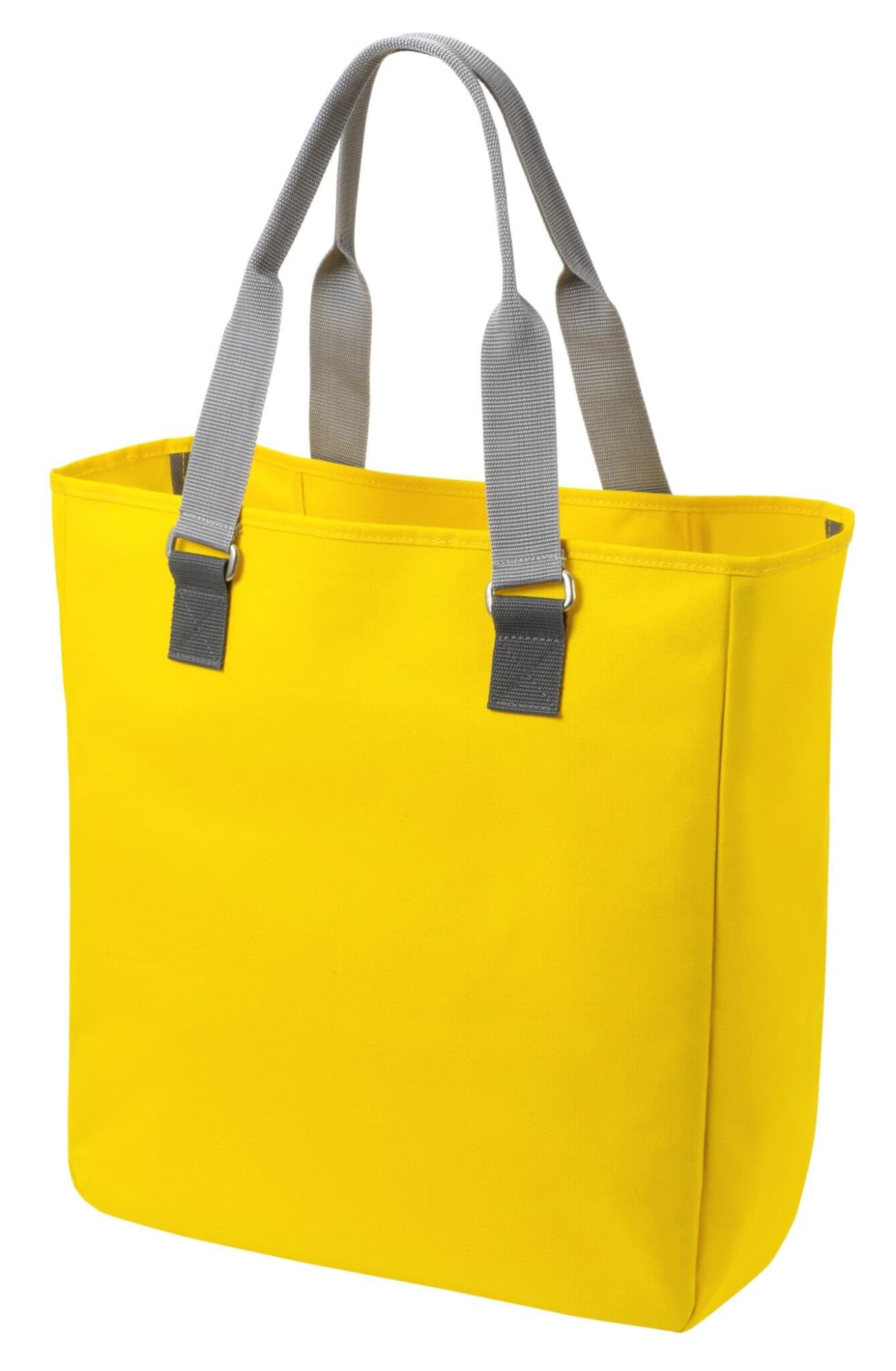 A yellow reusable grocery bag with grey handles, featuring a simple design and ample storage space.