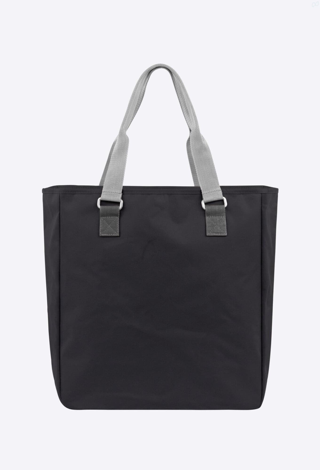 A black reusable grocery bag with grey handles, featuring a simple design and a logo on one side.