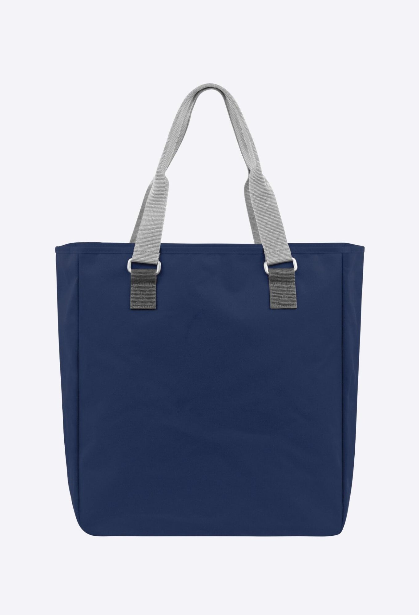 A reusable grocery bag in navy blue with grey straps and a logo on the front. Suitable for shopping and carrying items.